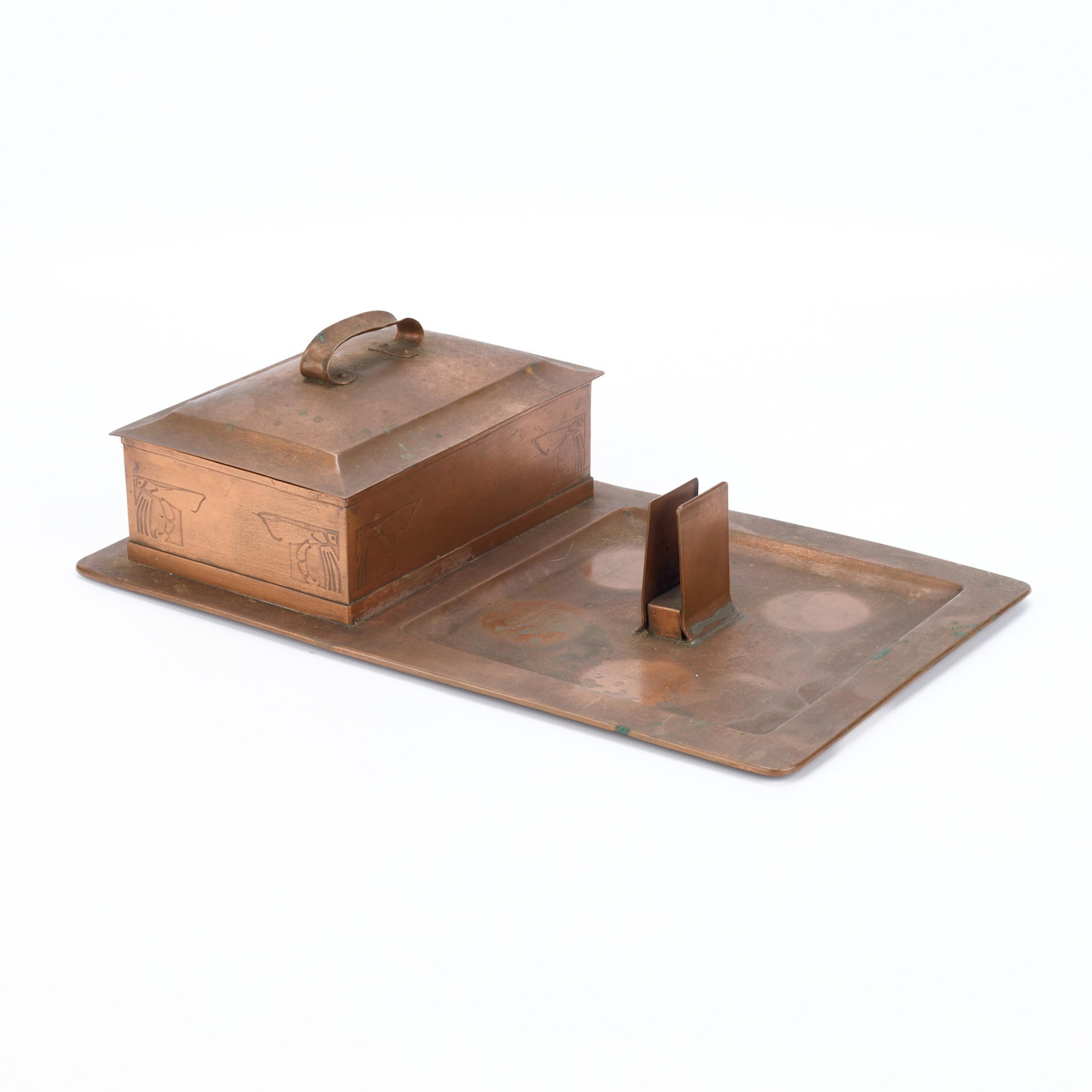 Handicraft Guild Arts & Crafts Copper Smoking Set: Handicraft Guild of Minneapolis, Minnesota. Arts & Crafts handwrought copper smoking set, ca. 1900s-1910s. Including a cigar humidor box and tray with match box holder. Marked along the underside.Heig