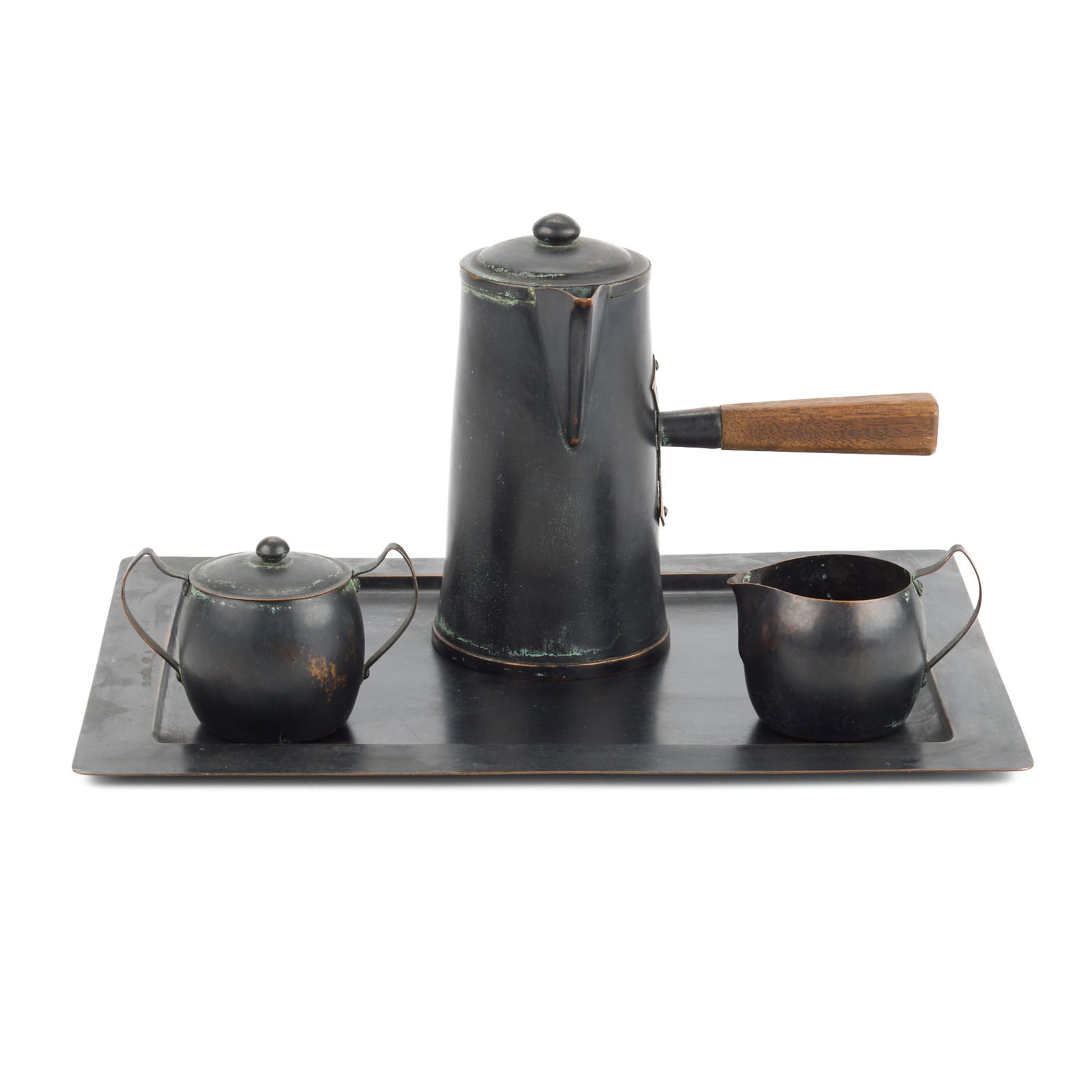 4 Pcs Minneapolis Handicraft Copper Coffee Set: Handicraft Guild of Minneapolis, Minnesota. Arts & Crafts painted handwrought copper coffee set, ca. 1900s-1910s. Including a coffee pot, creamer, sugar bowl, and tray. Each stamped along the undersid