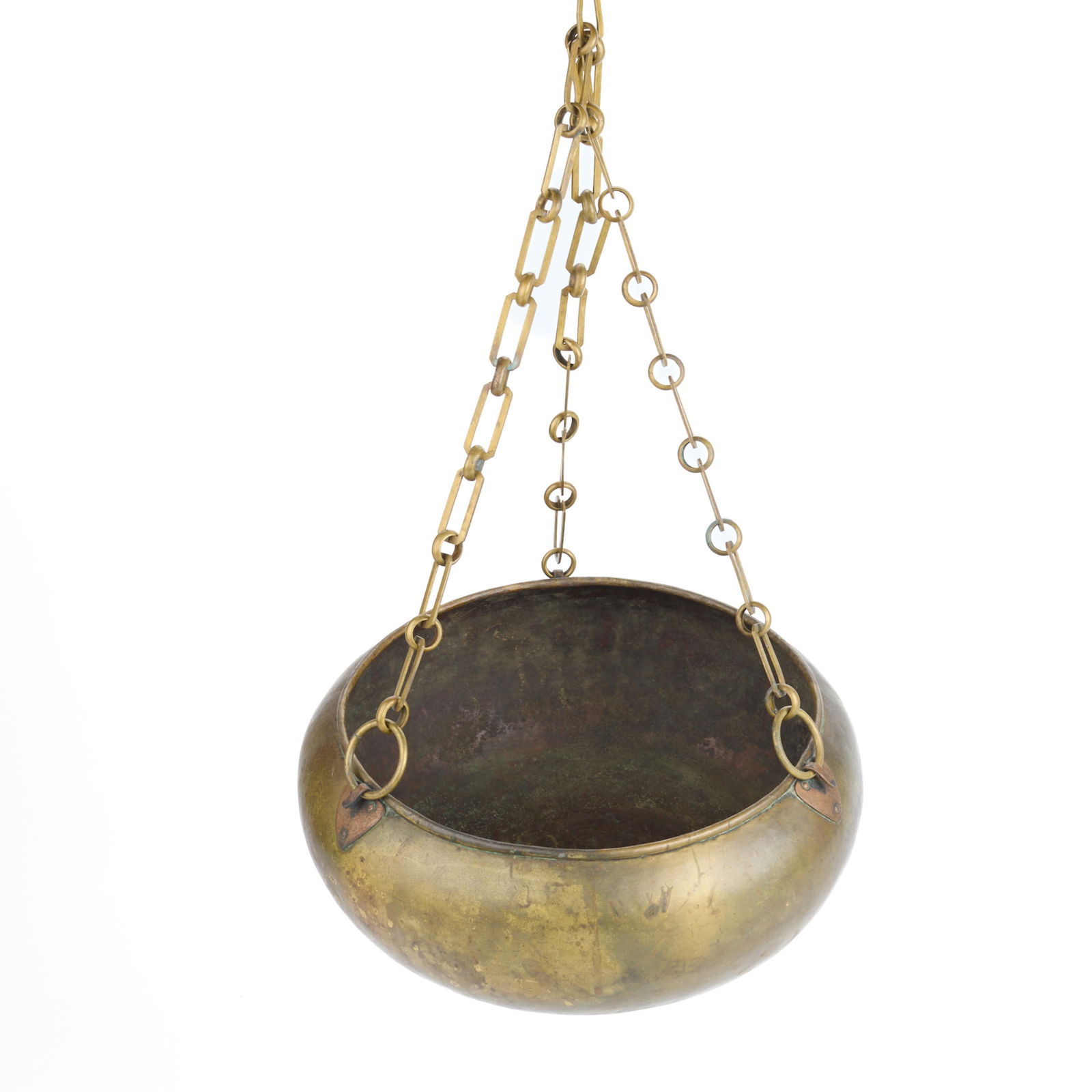 Minneapolis Handicraft Copper Hanging Planter Pot: Handicraft Guild of Minneapolis, Minnesota. Arts & Crafts handwrought copper hanging or pendant planter or pot, ca. 1900s-1910s. Of rounded form. Stamped along the underside.(Planter) Height: 6 1/4 in