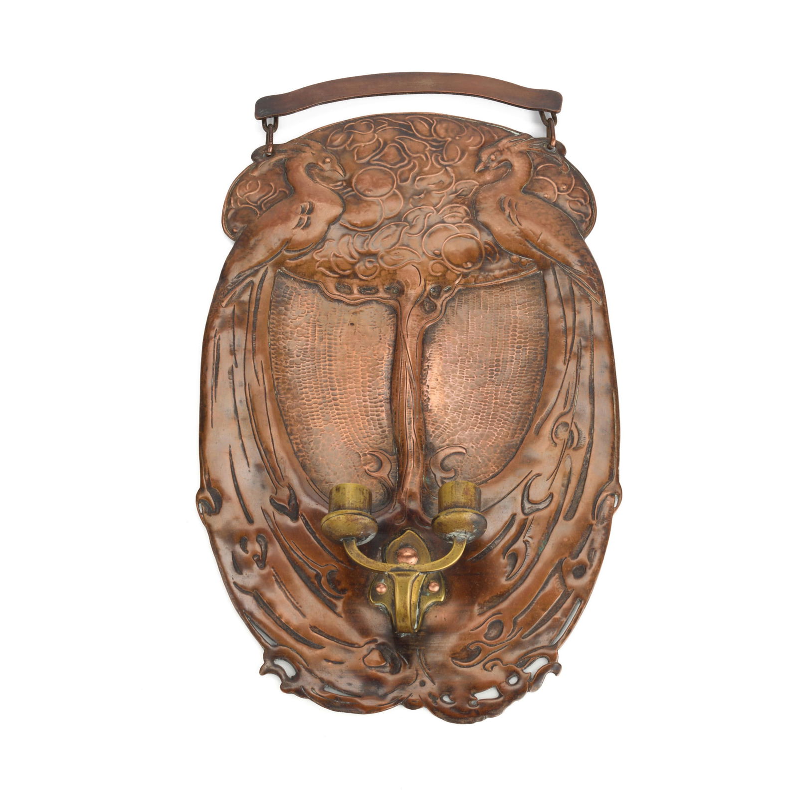 Minneapolis Handicraft Guild Copper Candle Sconce: Handicraft Guild of Minneapolis, Minnesota. Arts & Crafts handwrought copper candlestick wall sconce, ca. 1900s-1910s. Depicting Art Nouveau foliate motifs with two elegant peacocks along each side.