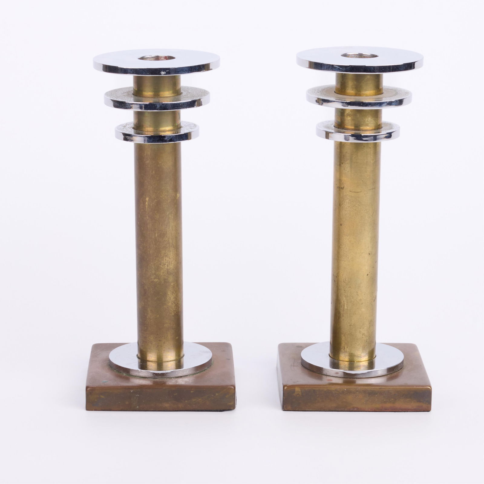 Pr Machine Age Brass & Chrome Candlesticks - 4