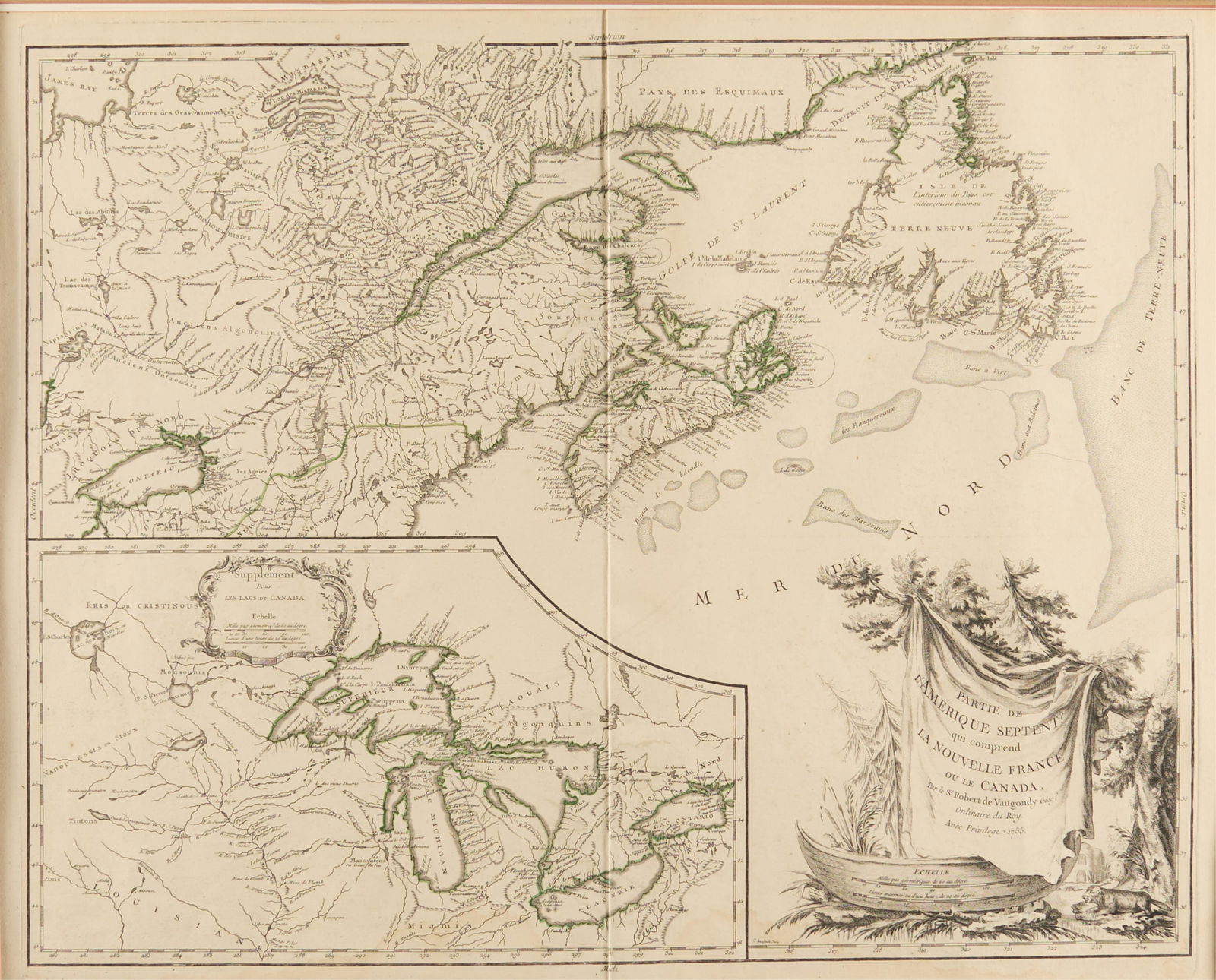 Robert Vaugondy "New France or Canadas" Engraving: Gilles Robert de Vaugondy (French, 1688-1766). Engraving on paper titled "New France or Canadas," ca. 1755. Depicting an early map of Newfoundland and the Saint Lawrence Seaway.Sight; height: 19 1/2 i