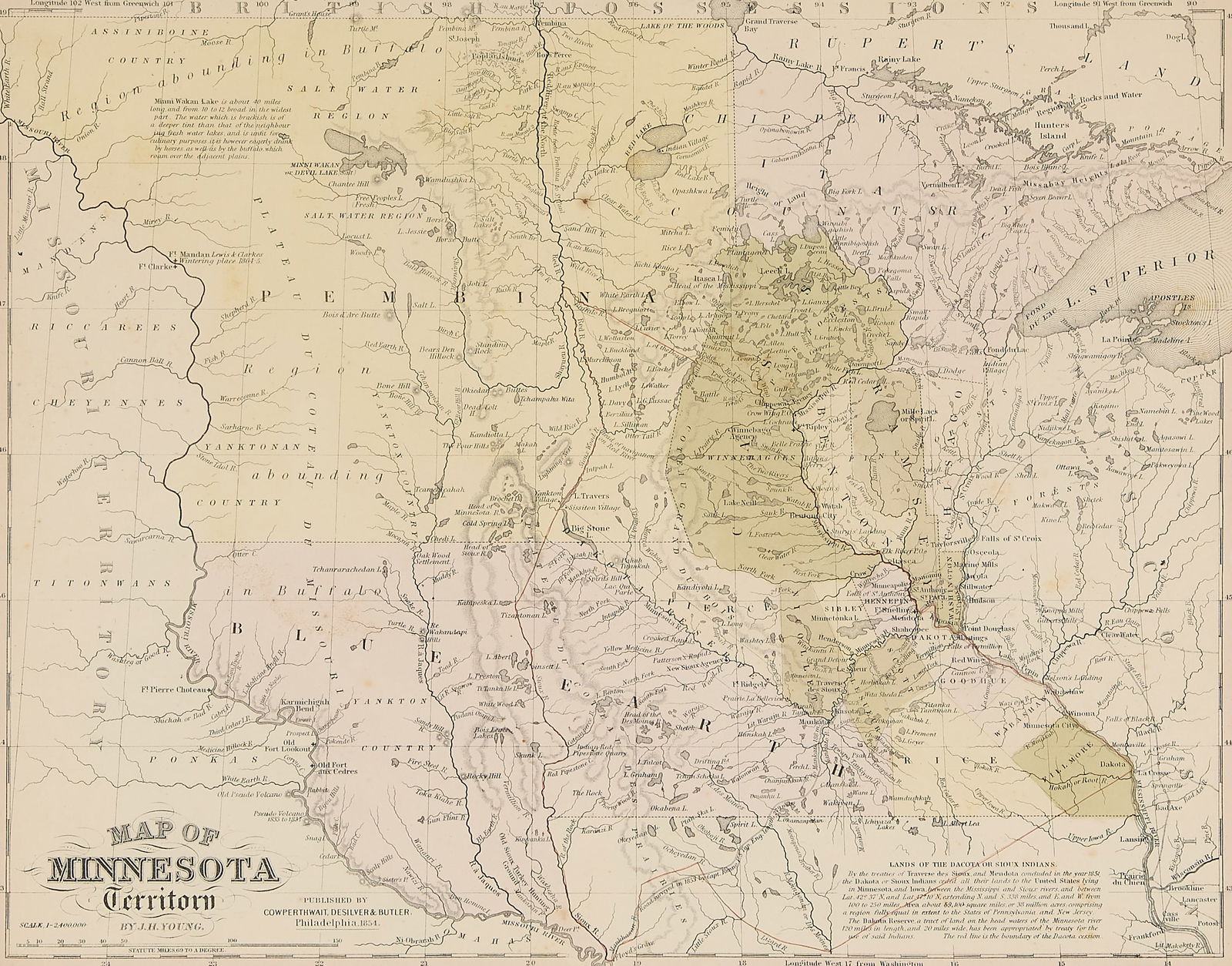 J.H. Young Minnesota Map 1850: J.H. Young map depicting the Minnesota Territory, entered into congress 1850 by Thomas Cowperthwait & Co. Sight; height: 13 1/2 in x width: 16 1/2 in. Framed; height: 19 in x width: 22 in x depth: 1