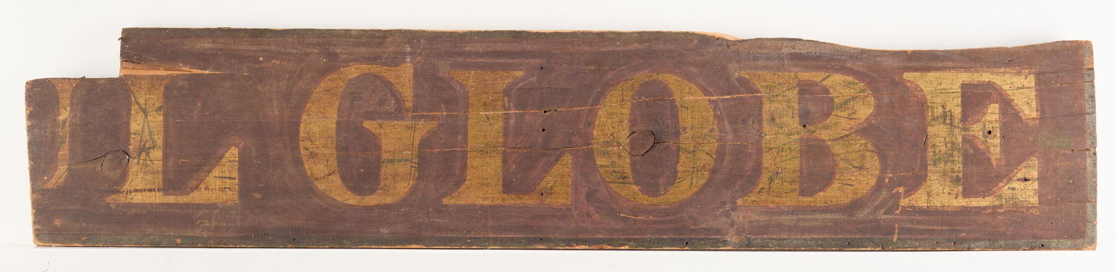 Vintage Wooden "St. Paul Globe" Advertising Sign: Vintage partial wooden advertising sign for the "Saint Paul Globe Newspaper," ca. early 20th century. The sign was once housed within the Richter Feed Mill, a historic Roseville, Minnesota site.