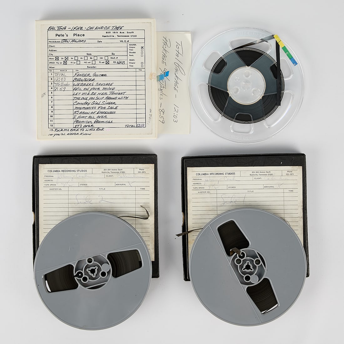 3 Johnny Cash & Jan Howard Master Tape Recordings: Group of three Johnny Cash and Jan Howard reel-to-reel or open-reel master tape recordings, ca. 1968-1969. Including: Two tapes with labels from Columbia Recording Studios in Nashville, Tennessee.