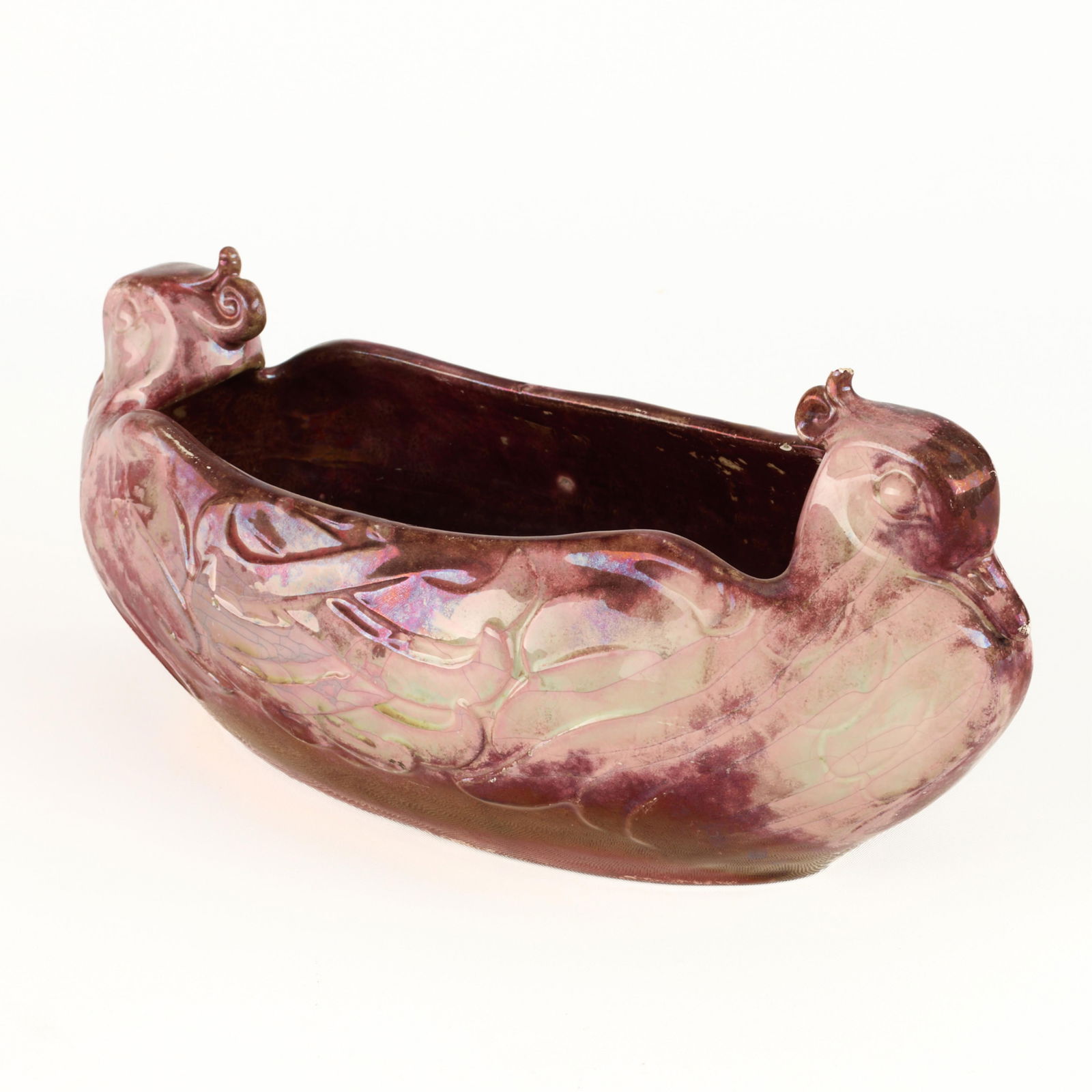 Reistrup for Kahler Art Pottery Phoenix Bowl Vessel: Karl Hansen Reistrup (Danish, 1863-1929) for Herman A. Kahler Pottery, Denmark. One earthenware ceramic bowl with molded avian forms along each end, possibly phoenixes. Executed in a red luster glaze.