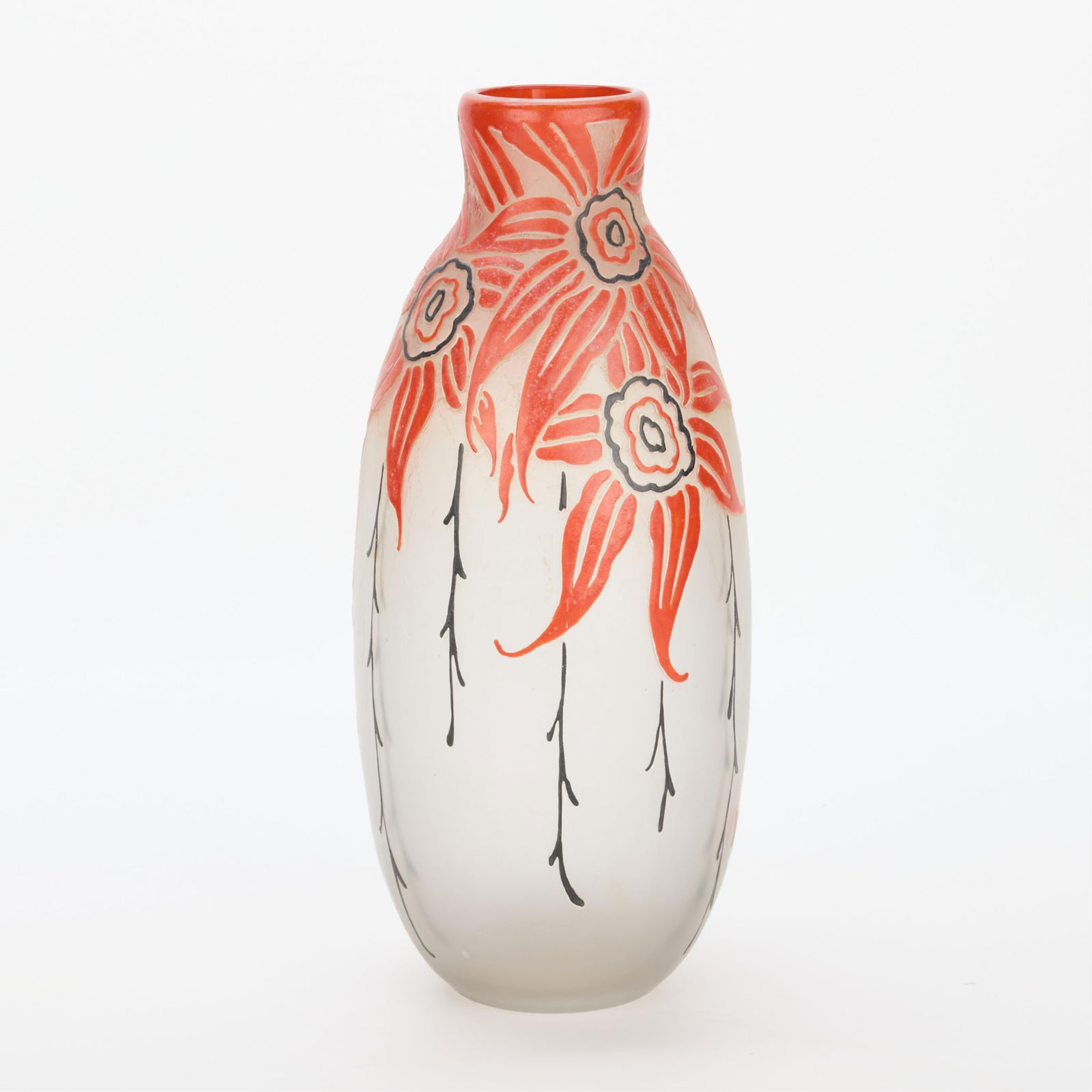 Legras French Art Deco Frosted Glass Flower Vase: Legras, France. Art Deco frosted pate-de-verre vase depicting stylized floral forms, ca. 1925. Signed along the lower edge.Height: 12 3/4 in x diameter: 5 1/4 in.