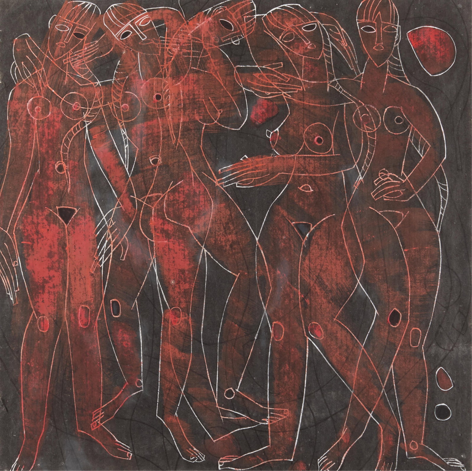 Tiefeng Jiang "Ladies" Mixed Media Figural Artwork: Tiefeng Jiang (Chinese, b. 1938). Mixed media artwork on rice paper titled "Ladies." Depicting five nude women. With a certificate of authenticity. Provenance: Fingerhut Gallery, Edina, 1983; Private 