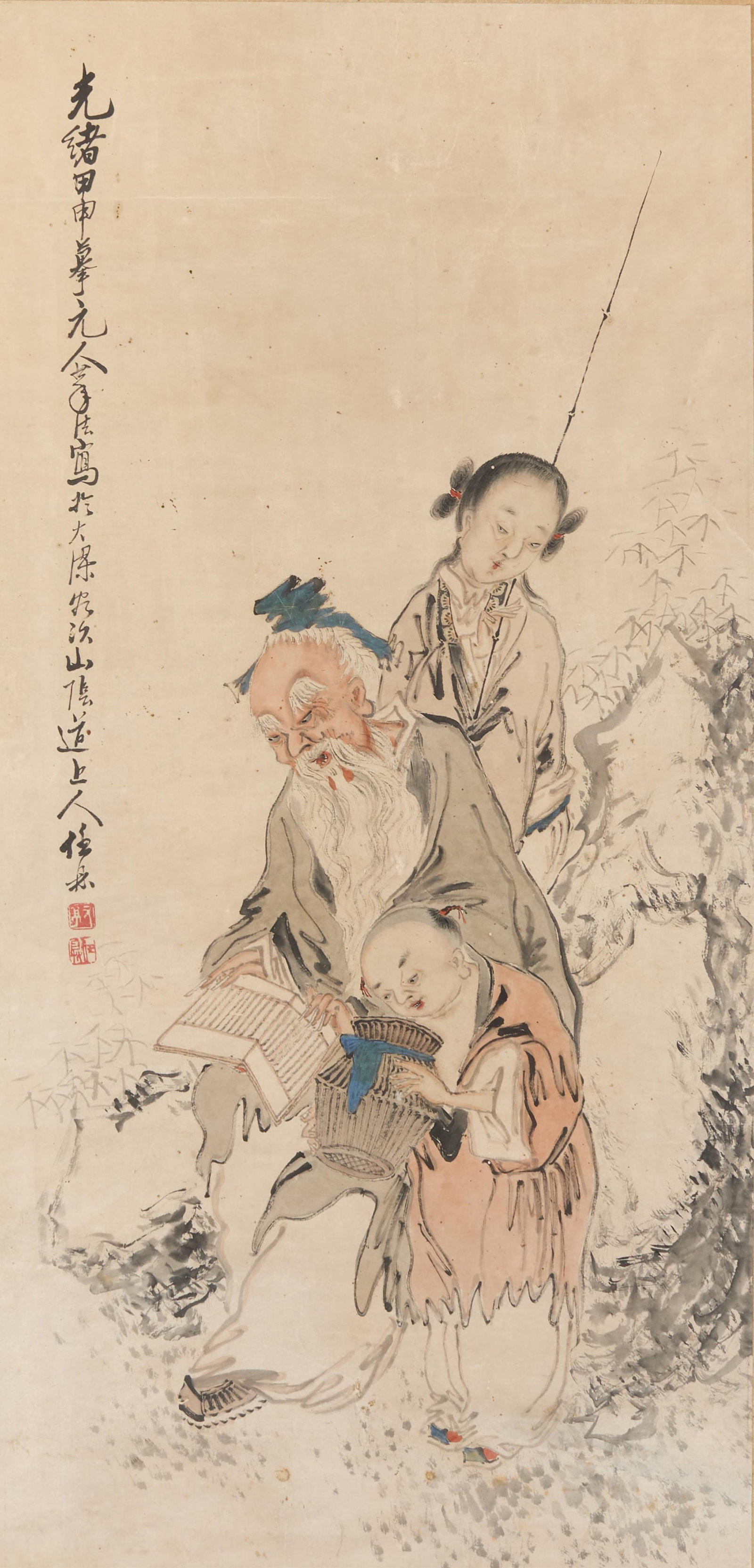 Ren Xiong Ink Figural Painting: Ren Xiong (Chinese, 1823-1857). Ink on paper painting depicting three figures amongst foliage. Inscribed and with red seals along the left margin. Huaxin; height: 35 1/2 in x width: 17 1/4 in. Framed;