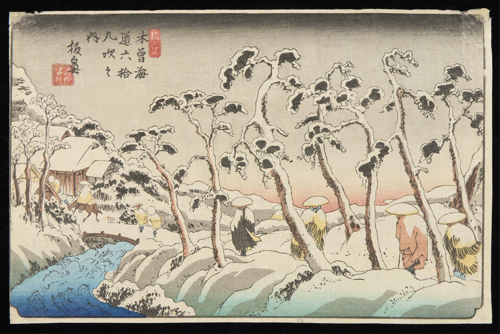 Keisai Eisen "Itabana" Woodblock Print: Keisai Eisen (Japanese, 1790-1848). Woodblock print on paper titled "Itabana." Depicting figures in snowy landscape along a riverside road. Height: 8 7/8 in x width: 13 5/8 in.