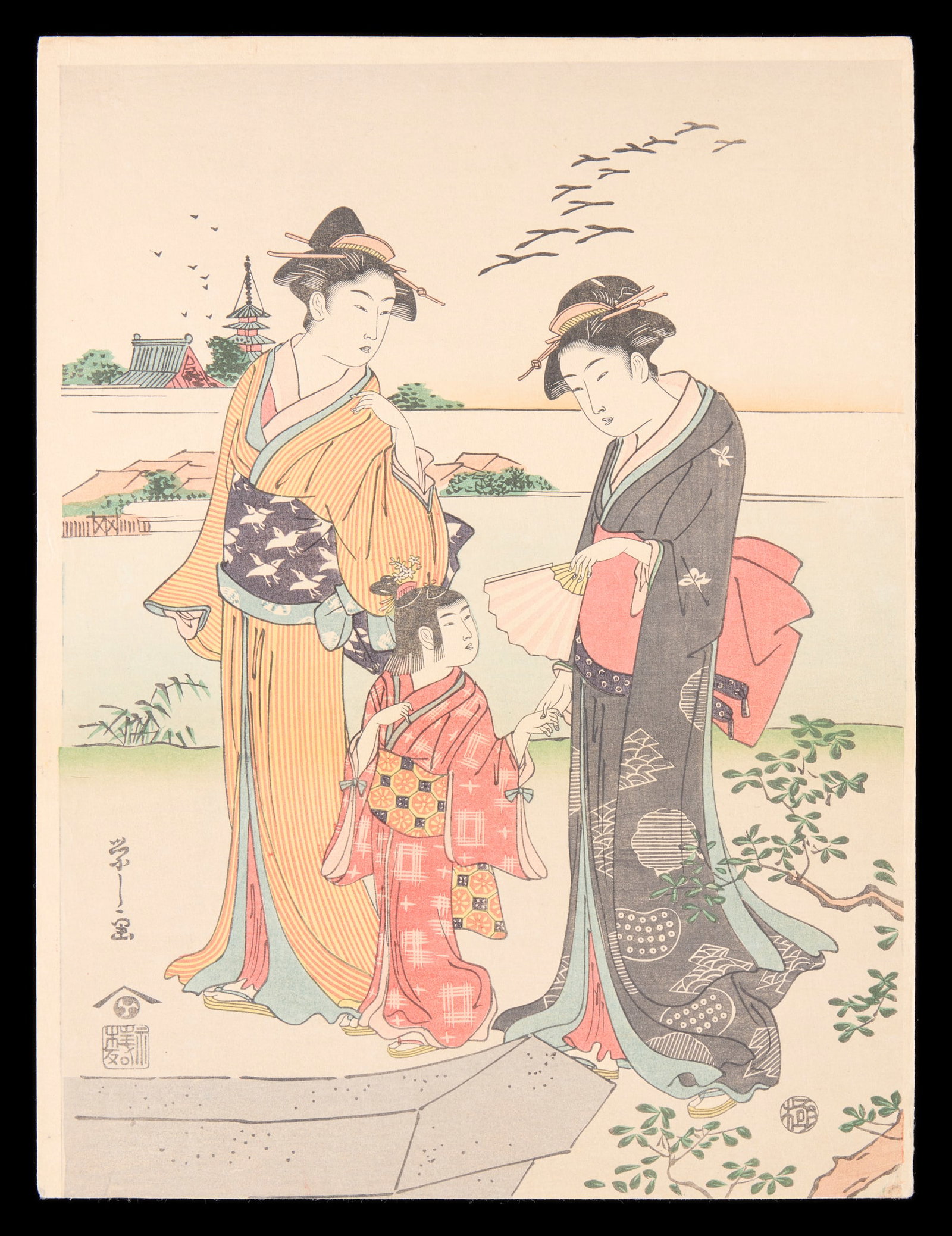 Japanese Bijin-ga Beauty Woodblock Print: Japanese ukiyo-e bijin-ga woodblock print on paper depicting a pair of beauties and a young child. Height: 11 1/2 in x width: 8 1/2 in.