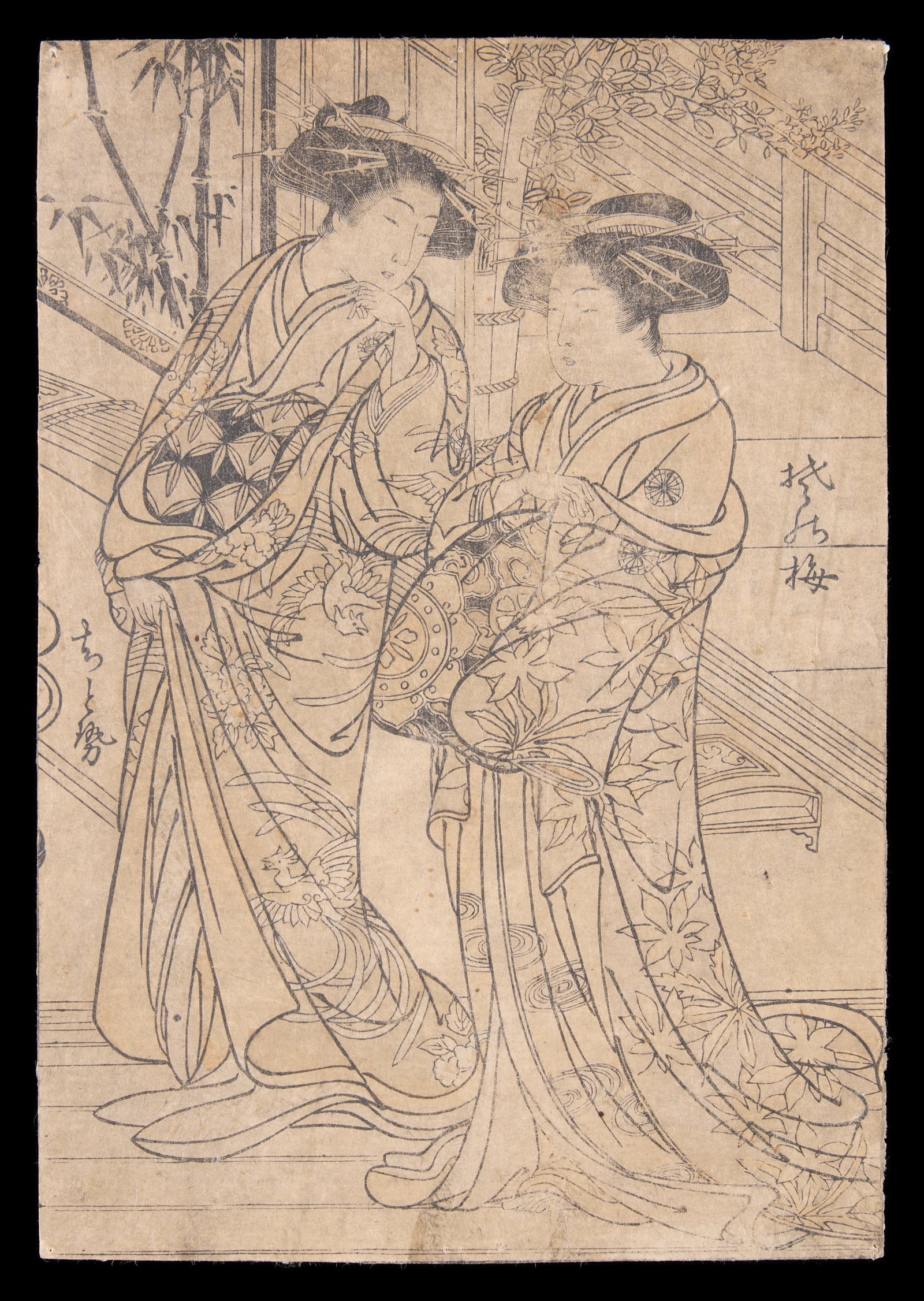 Japanese Bijin-ga Beauties Woodblock Print: Japanese sumizuri-e bijin-ga woodblock print depicting a pair of beauties walking through a courtyard. Height: 8 1/2 in x width: 5 7/8 in.