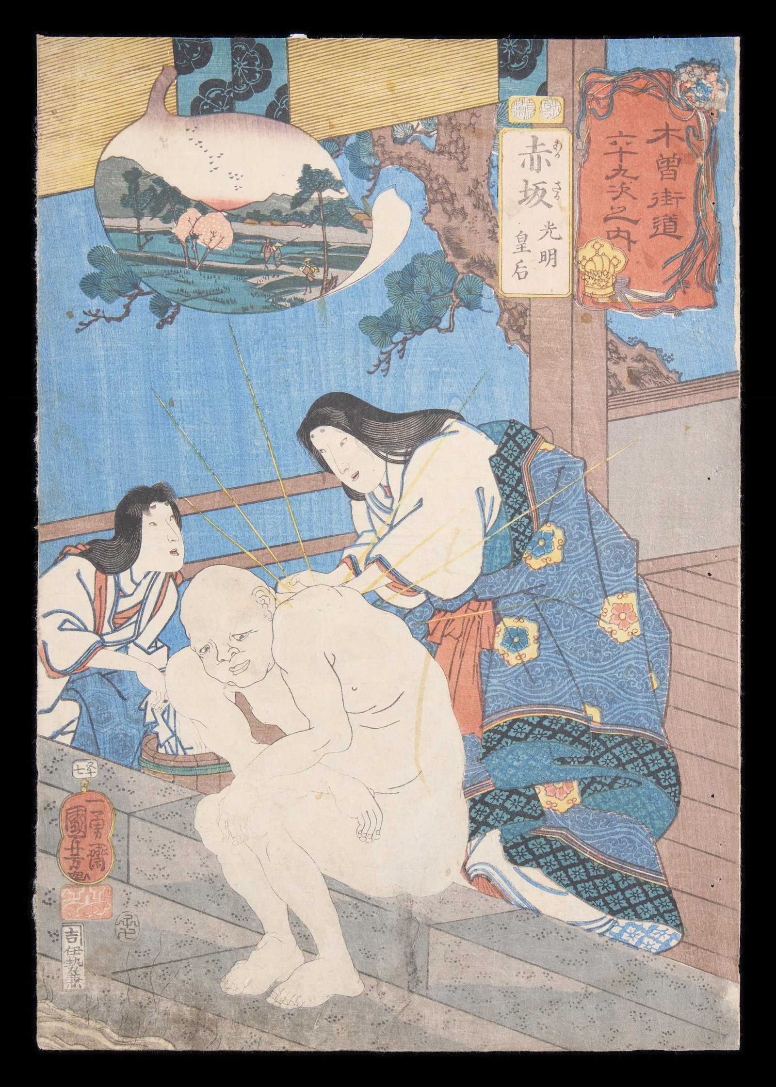 Utagawa Kuniyoshi "Akasaka" Buddha Woodblock: Utagawa Kuniyoshi (Japanese, 1798-1861). Woodblock print on paper titled "Akasaka," number 57 in the series "Kisokaido rokujukyu-tsugi no uchi (The Sixty-nine Stations of the Kisokaido)," 1852-53. Dep