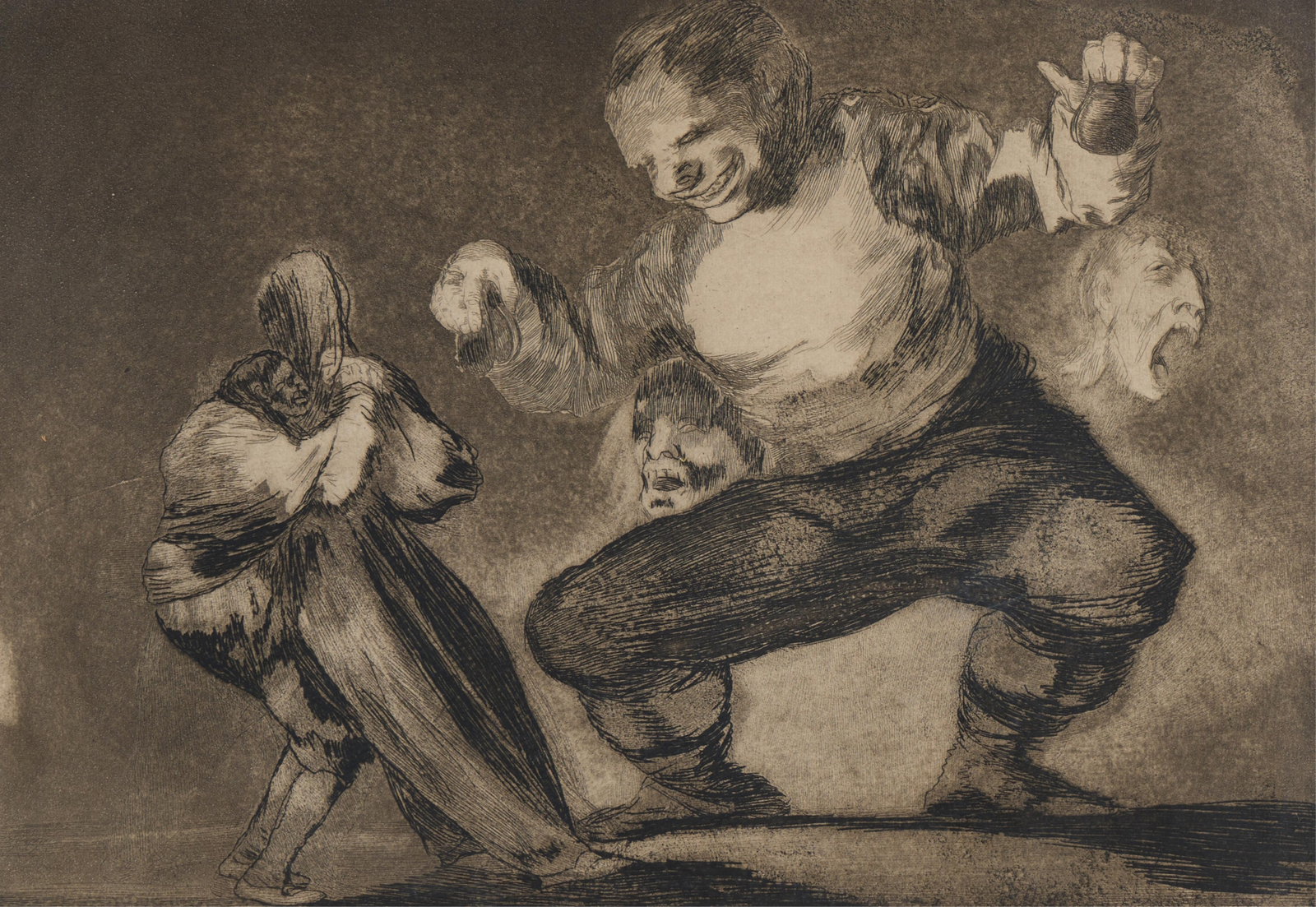 Francisco Goya "Bobalicon" Aquatint Etching: Francisco Goya (Spanish, 1746-1828). Aquatint etching on layed paper titled "Bobalicon (Simpleton)," possibly second edition. Depicting a nightmarish scene, a childlike giant dances toward a frightene