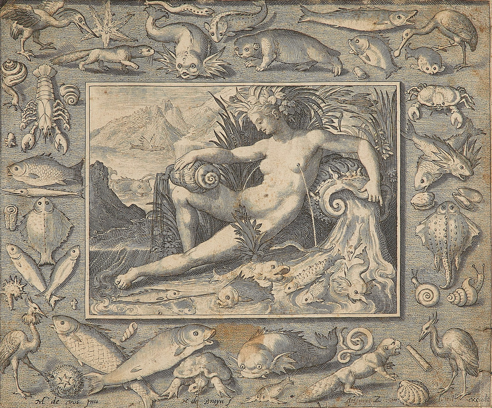 Nicolaes de Bruyn "Aqua" Engraving: Nicolaes de Bruyn (Flemish, 1571-1656) and Maerten de Vos (Flemish, 1532-1603). Engraving on paper titled "Aqua." Depicting the element of water personified as a nude woman sitting near a well, with w
