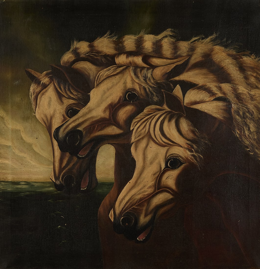 Aft. John Herring "Pharaoh's Horses" Painting: After John Frederick Herring Sr. (English, 1795-1865). Oil on canvas painting titled "Pharaoh's Horses," ca. 19th century. Depicting three dynamic equestrian forms. Unframed; height: 24 in x width: 24