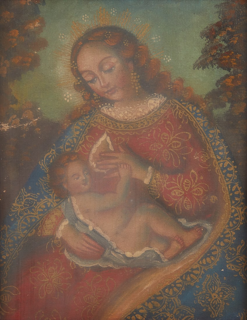 20th c. Spanish Colonial Madonna Painting: Oil on canvas Spanish colonial painting depicting the Virgin Mary and infant Christ, likely 20th century. Sight; height: 6 3/4 in x width: 5 1/4 in. Framed; height: 17 3/4 in x width: 13 in.