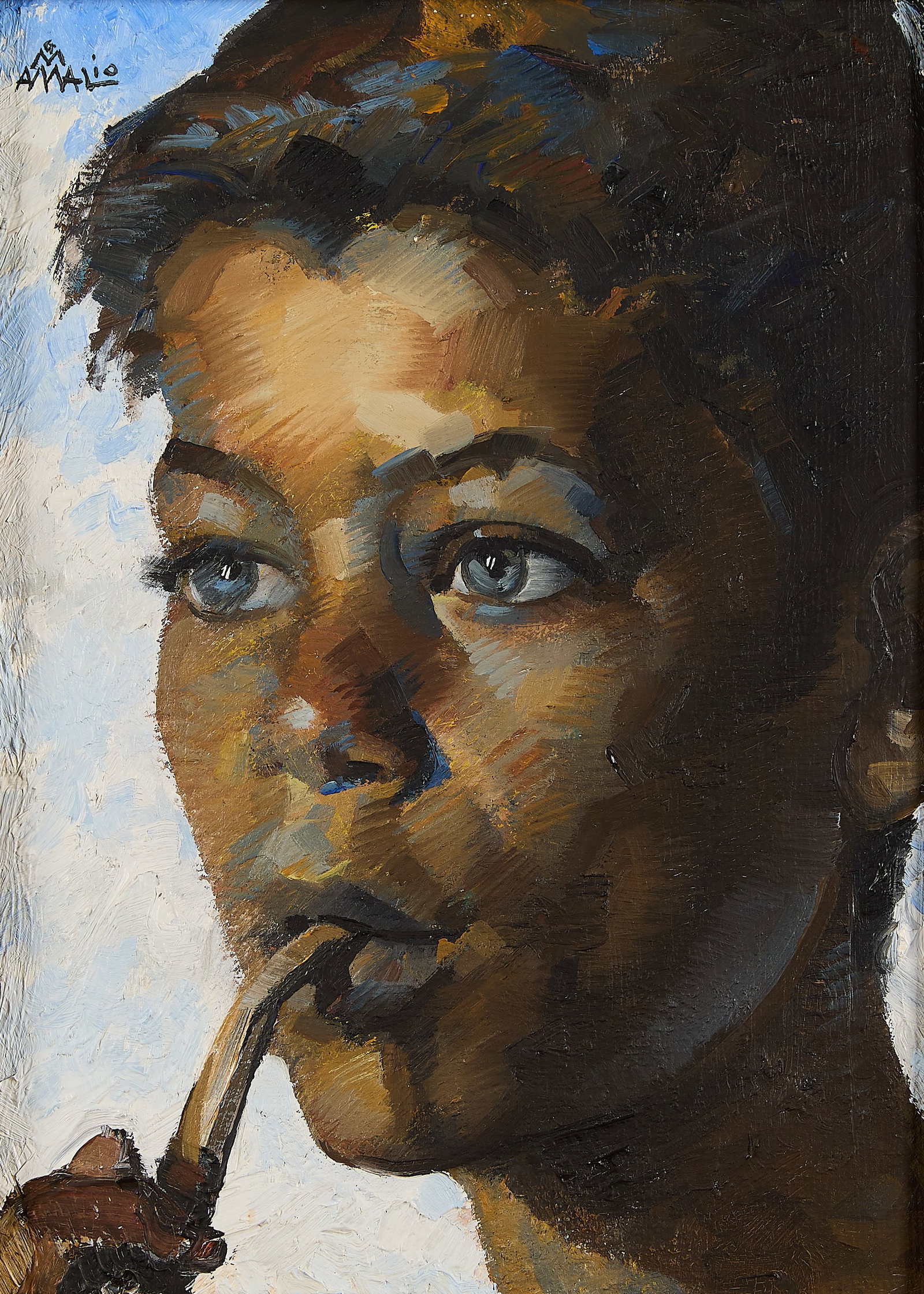 Amalia Garcia del Moral Portrait Painting: Amalia Garcia del Moral (Spanish, 1922-1995). Oil on board portrait painting possibly titled "Cabeza De Gitanillo (Head of Gitanillo)," ca. 1960s. Depicting a youthful figure smoking a wooden hand pip