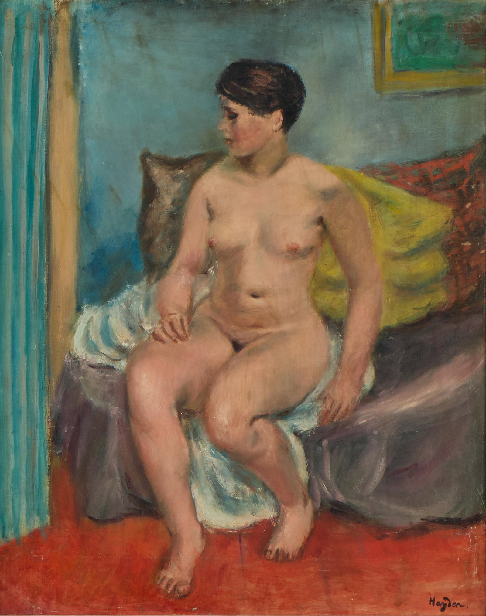 Henri Hayden Figurative Nude Painting: Henri Hayden (Polish, 1883-1970). Oil on canvas painting depicting a seated nude female figure. Signed along the lower right. Partial French gallery label along the verso. Lot Essay: Henri Hayden was 
