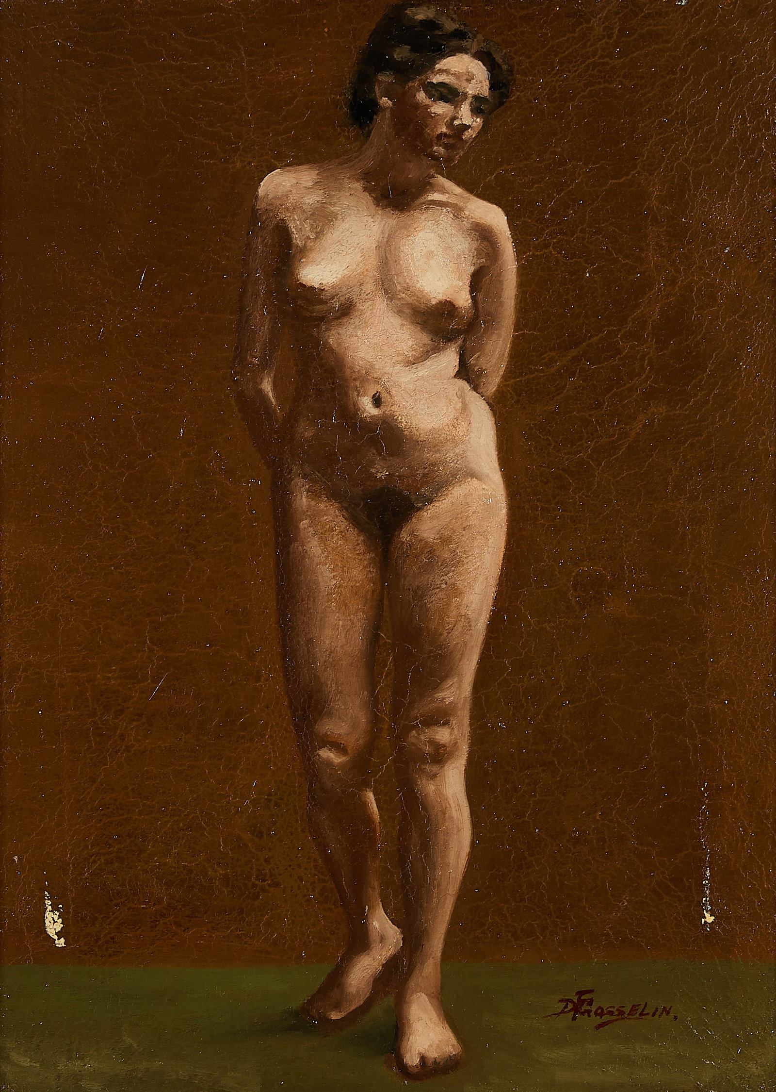 Impressionist Style Nude Portrait Painting: Impressionist style oil on canvas painting depicting a standing nude woman against a dark brown background and green floor. Signed illegibly along the lower right. Illegible pencil inscriptions and dr
