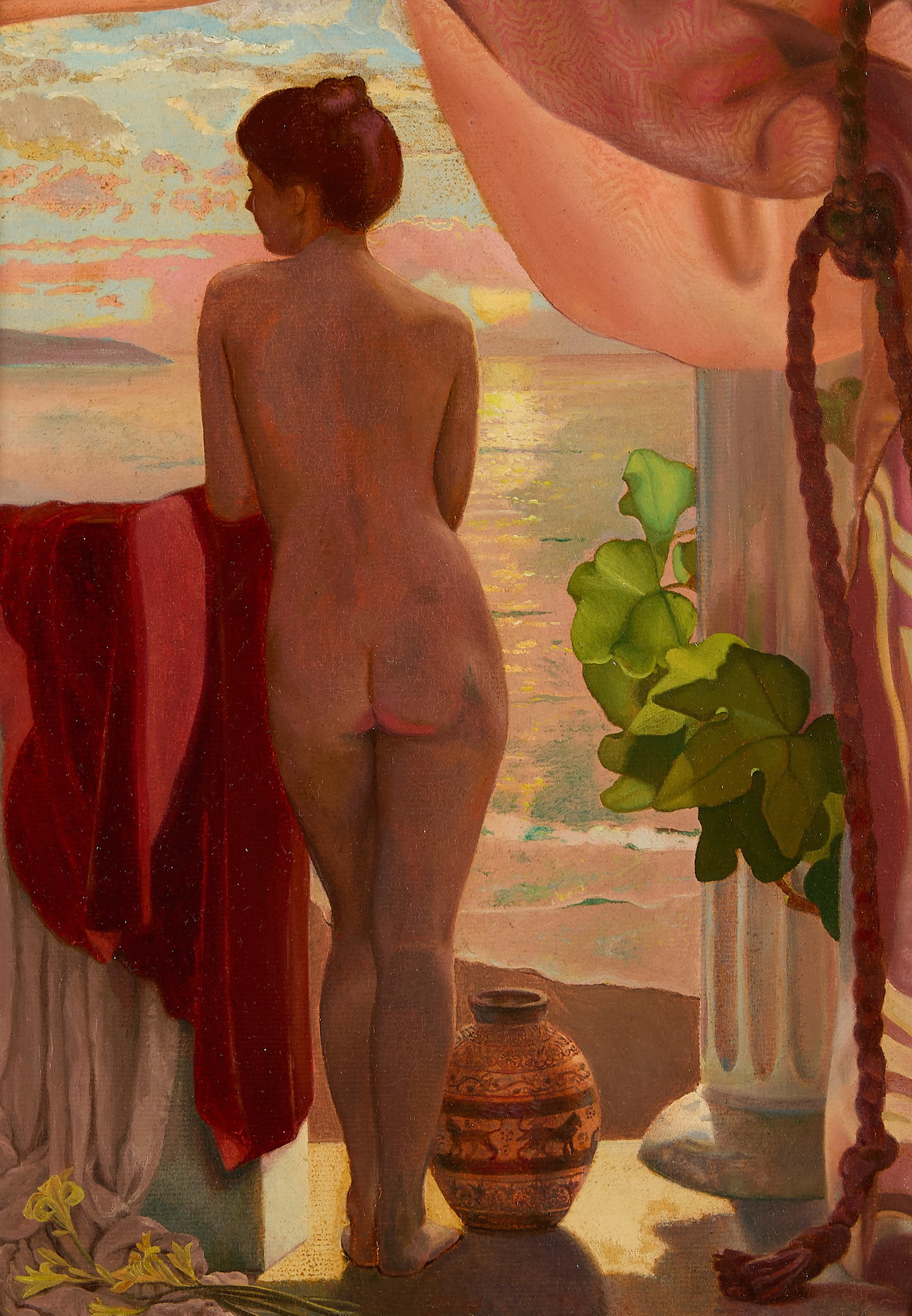 James Childs "From the Terrace" Oil on Board: James Childs (American, 1945-2020). Oil on board painting titled "From the Terrace," 1975-1983. Depicting a nude female figure overlooking the sea from a balcony. Penciled signature and date along the