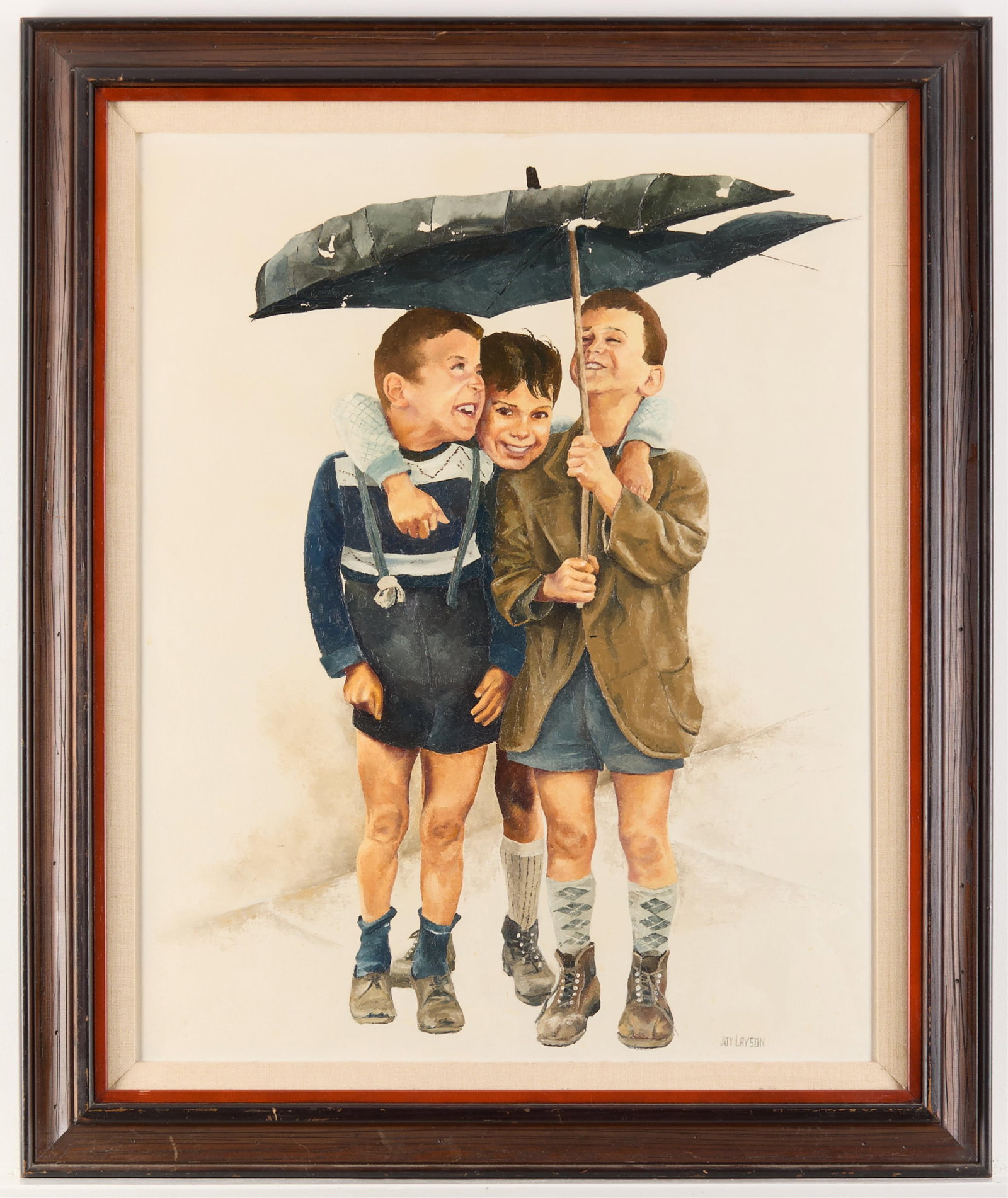 Joy Layson Three Boys Oil Painting: Joy Layson (American, 1927-2010). Oil on board painting depicting three joyful boys huddled together beneath a tattered umbrella. Signed along the lower right. Unframed; height: 30 1/4 in x width: 24 