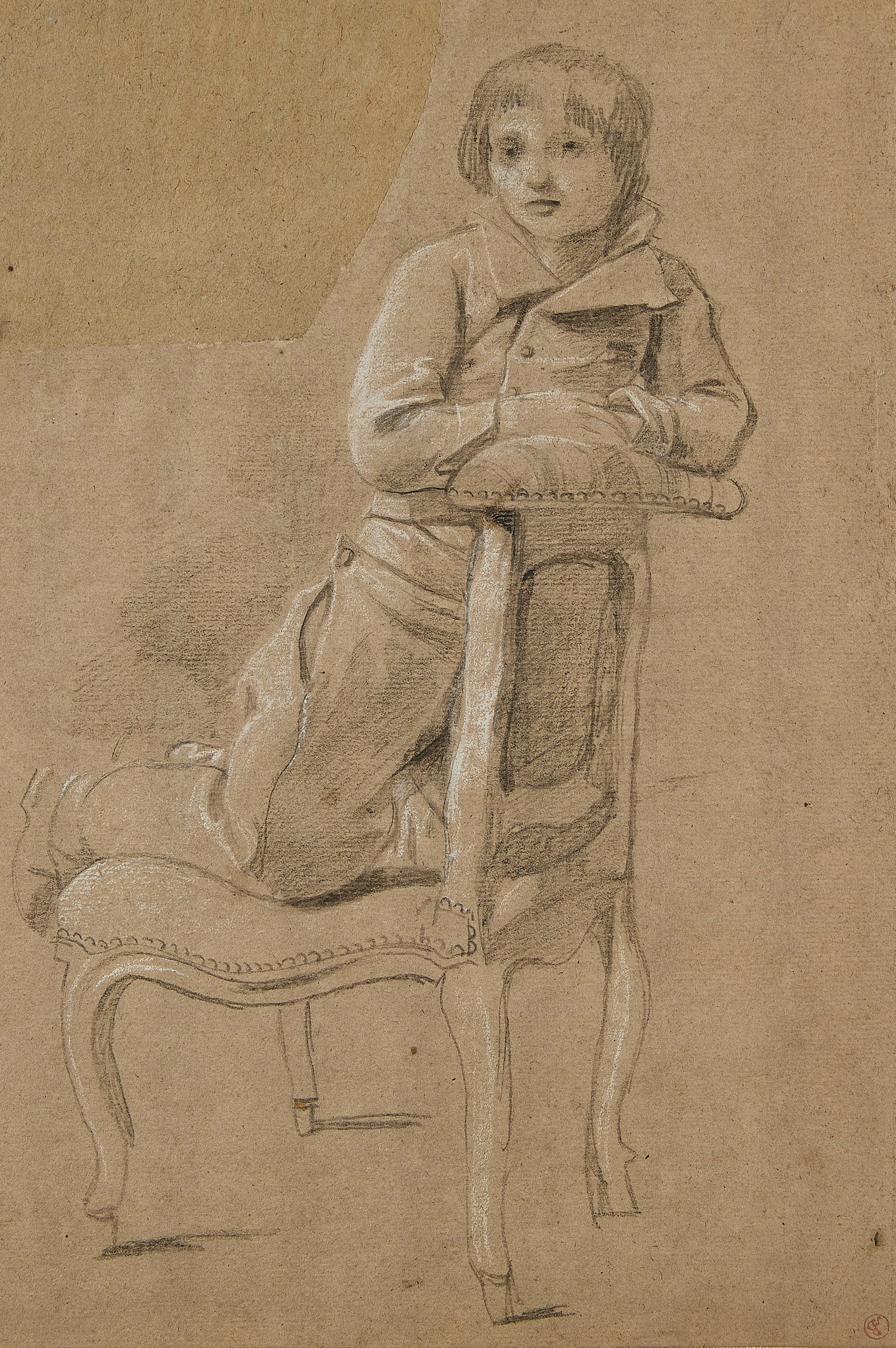 Antique Charcoal Drawing of a Boy: Charcoal drawing on paper depicting a boy kneeling on a chair. Ink stamped "B" along the lower right. Sight; height: 12 1/2 in x width: 8 1/2 in. Framed; height: 19 3/4 in x width: 15 3/4 in x depth: 