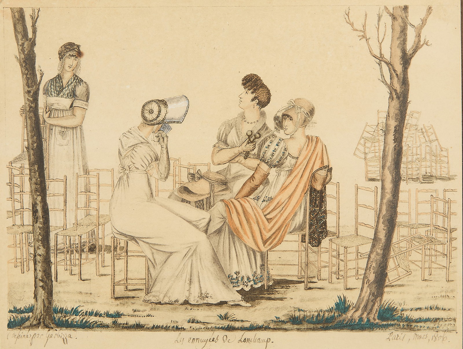 Angelo Garbizza Les Ennuyees de Longchamp Painting: Angelo Garbizza (Italian, 1777-1813). Watercolor and ink on paper titled "Les Ennuyees de Longchamp (The Bored Women of Longchamp)," 1806. Depicting a group of fashionably dressed Parisian women sitti