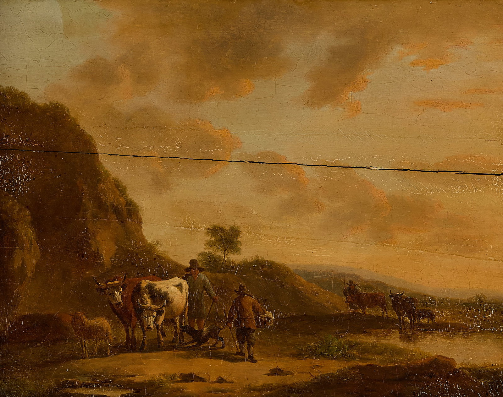 Early 18th c. Pastoral Landscape O/B Painting: Oil on board pastoral landscape painting, early 18th century. Depicting two central herdsmen with their cattle, sheep, and dog with rolling green hills in the background. With an illegible incision al