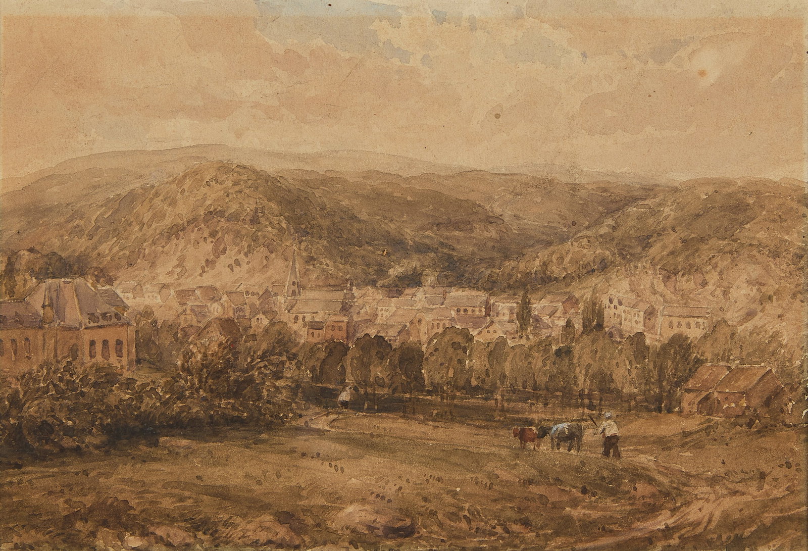 Rural English Landscape Watercolor ca. 1840: Watercolor painting on paper depicting a rural English landscape featuring a valley town nestled between rolling hills. Penciled along the verso "English landscape c. 1840 reminiscent of Cox." Sight; 