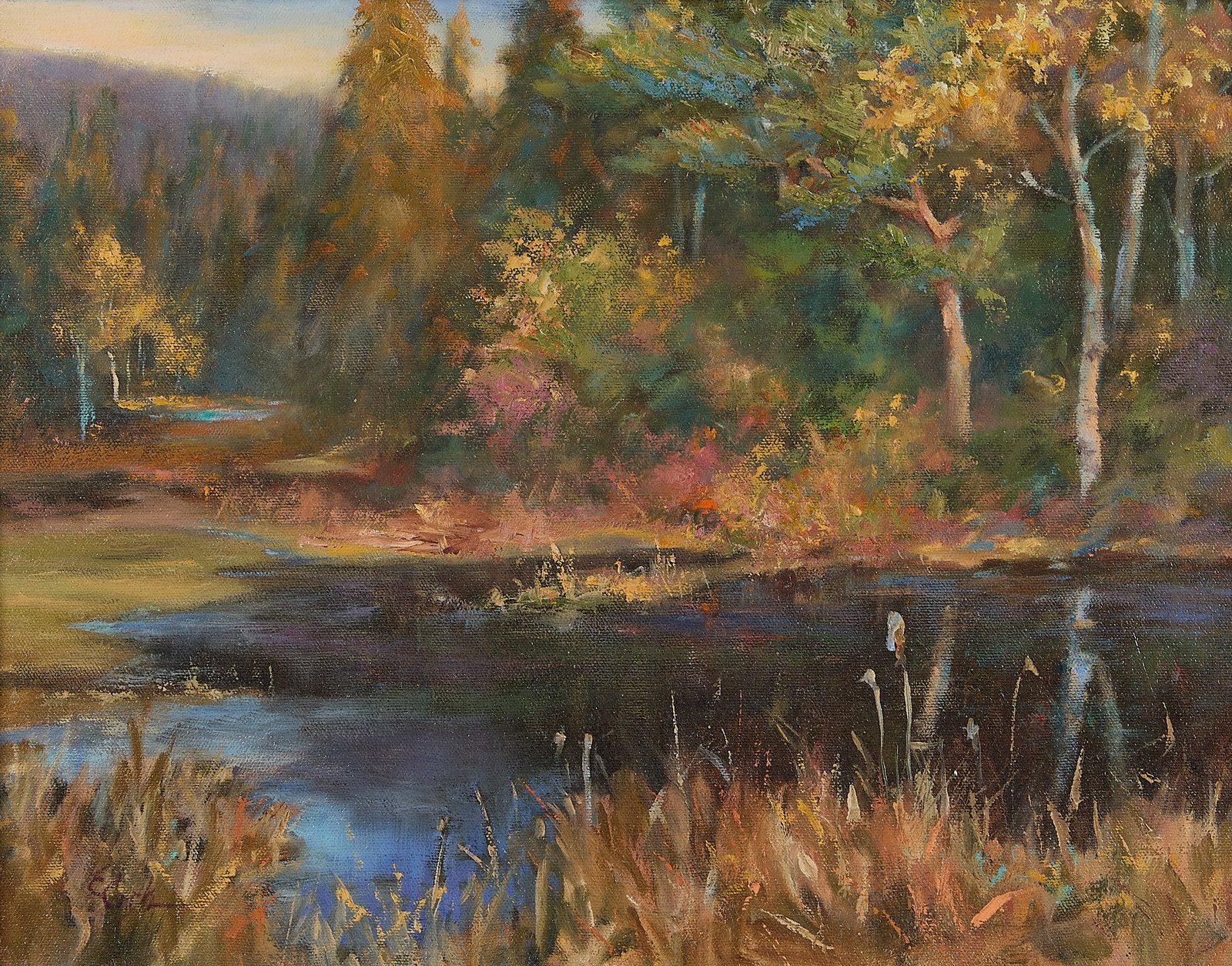 Elsie Cook Autumnal Landscape Oil Painting: Elsie Cook (American, 20th/21st century). Oil on canvas landscape painting in an impressionist style. Depicting a quiet waterway surrounded by foliage and trees with warm, autumnal light. Signed along