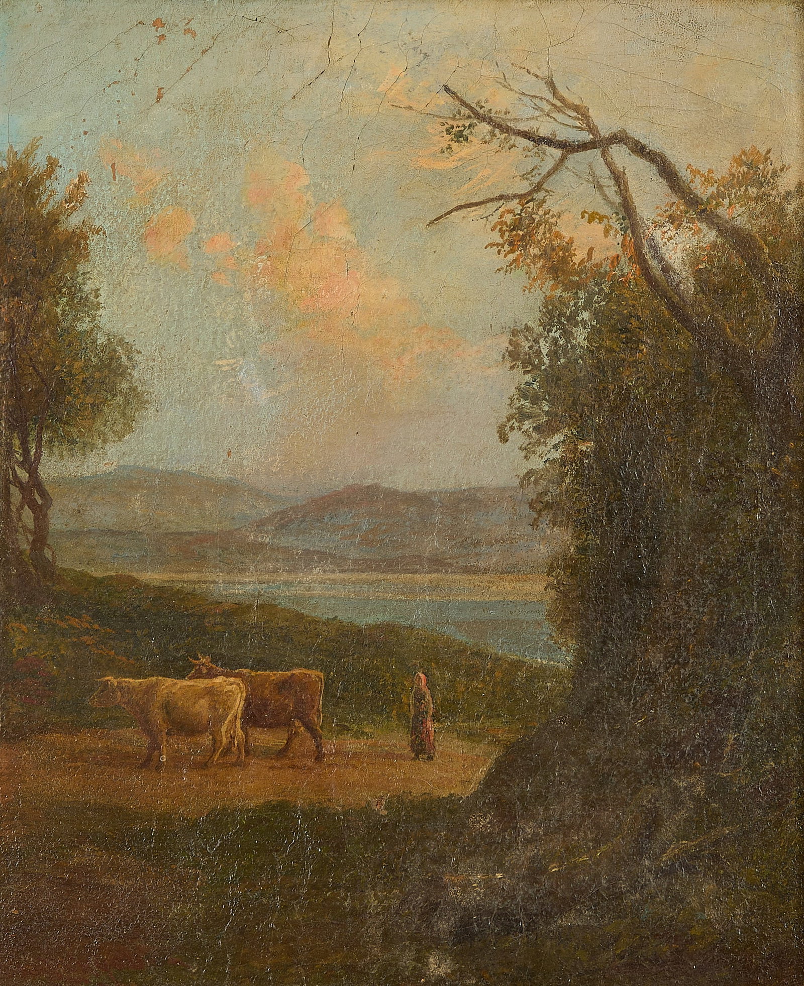 Continental School Pastoral Landscape Painting: Continental School oil on canvas pastoral landscape painting, 19th century. Featuring two brown cows and a female figure in the mid-ground with a serene waterway and mountains in the background. Possi