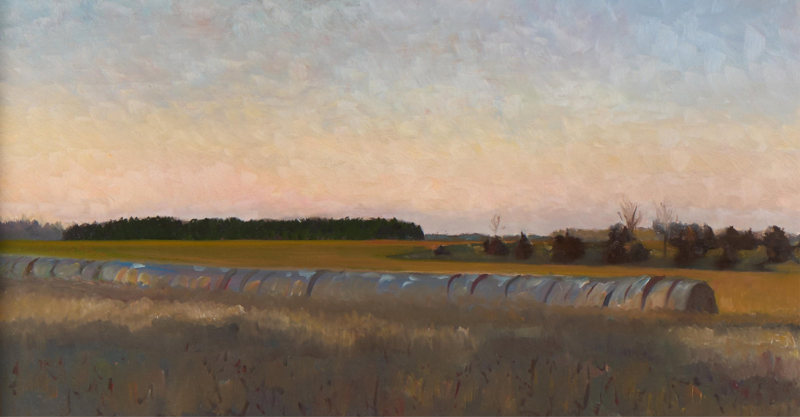 Mark Balma Landscape Hay Bales Painting: Mark Balma (American, b. 1957). Oil on canvas landscape painting, late 20th or early 21st century. Featuring a panoramic view of an agricultural field with hay bales in a row, creating a diagonal sens