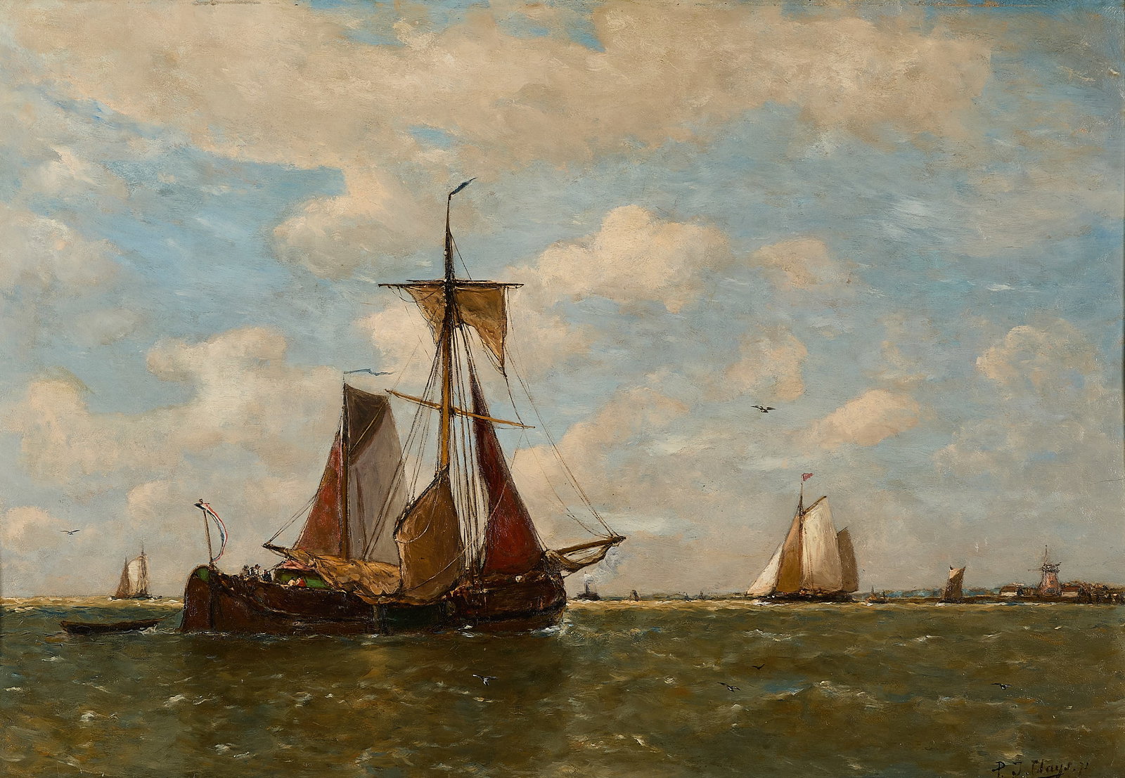 Paul Jean Clays Sailing Ships Seascape Painting: Paul Jean Clays (Belgian, 1819-1900). Oil on board painting seascape depicting ships sailing near a coastline. Signed along the lower right. Unframed; height: 23 in x width: 34 in. Framed; height: 27 