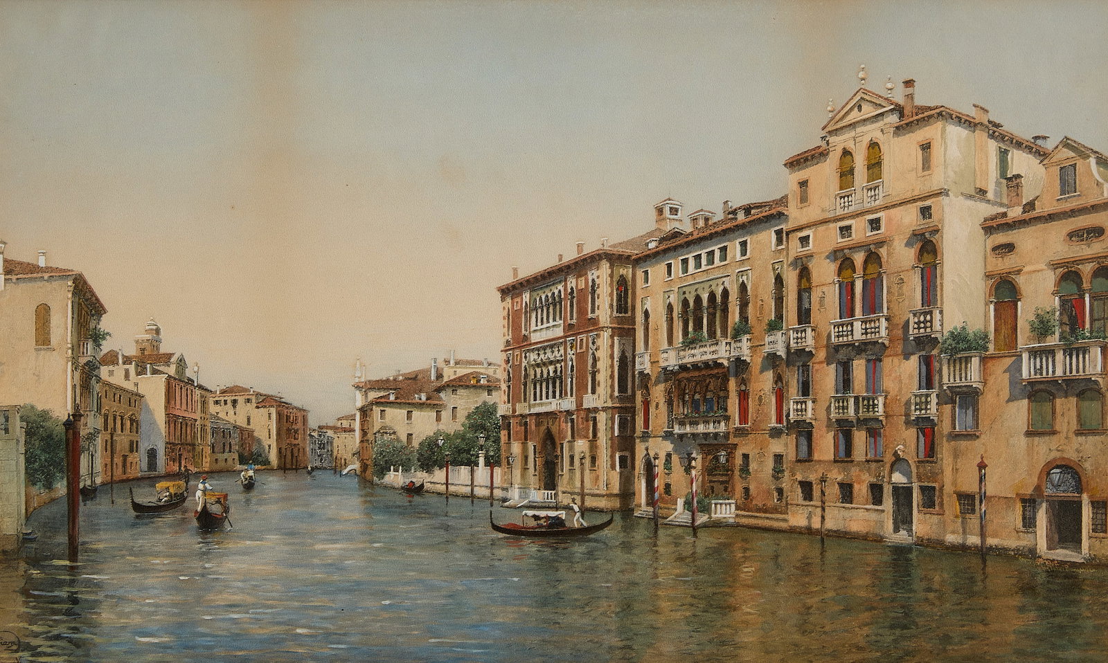 Jane Vivian "Venezia" Painting 1900: Jane Vivian (British, active 1869-1890). Watercolor with gouache painting on paper titled "Venezia," 1900. Depicting a bustling section of the Venezia Canal, Italy. Featuring ornate Venetian homes bas