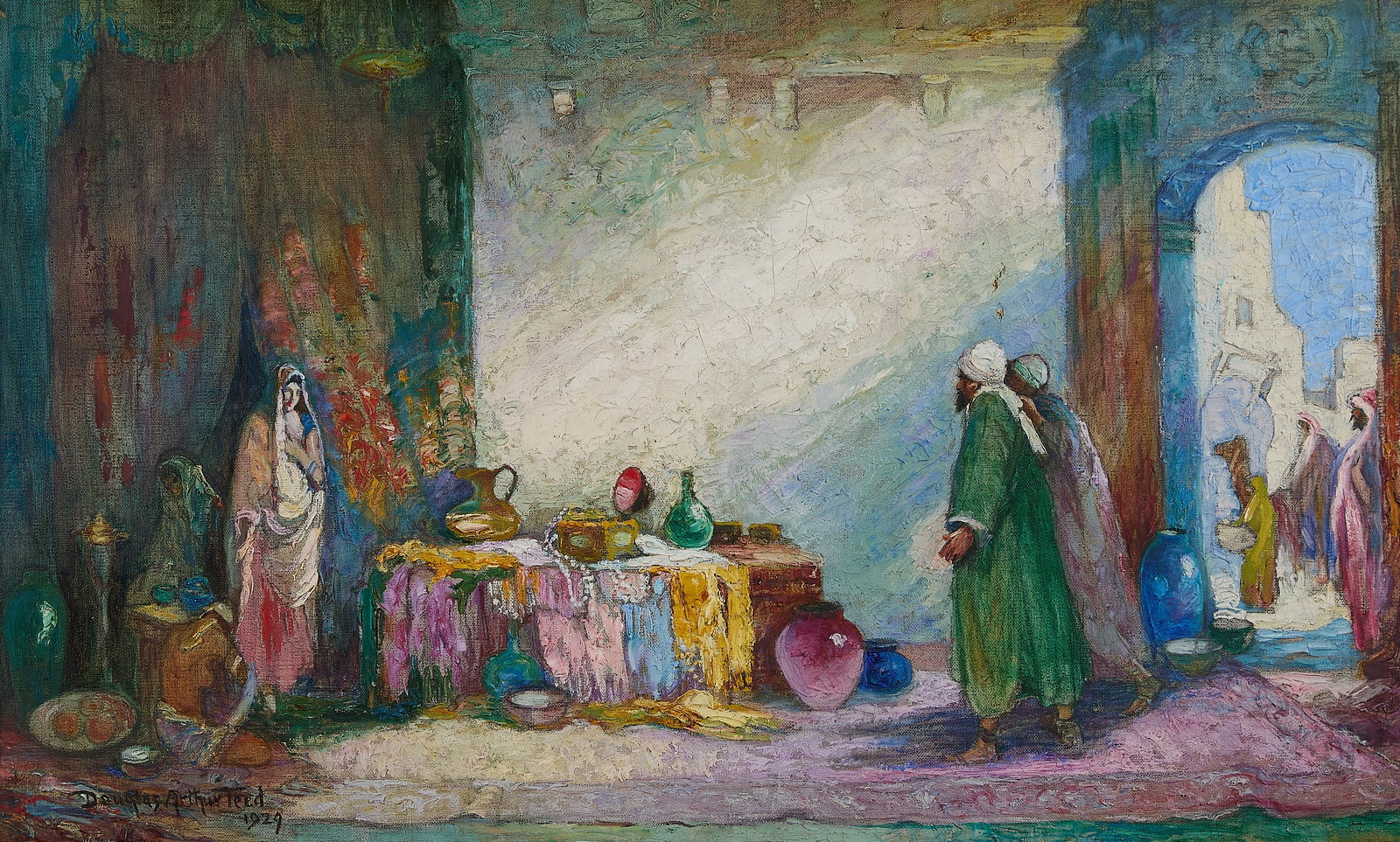 Douglas Arthur Teed Marketplace Painting 1929: Douglas Arthur Teed (American, 1860-1929). Oil on canvas painting depicting an Arabian textile and pottery market scene, 1929. Signed and dated along the lower left. With a toned William J. Fischer Ga