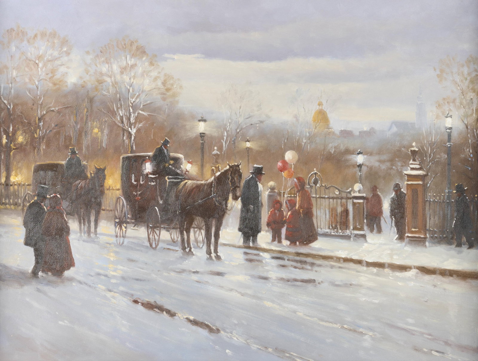 Style of G. Harvey Boston Winter Painting: Style of Gerald Harvey Jones (American, 1933-2017). Oil on canvas painting titled "Strolling in the Boston Common," depicting a snowy street scene. Titled along the verso and inscribed "gha 35." Sight
