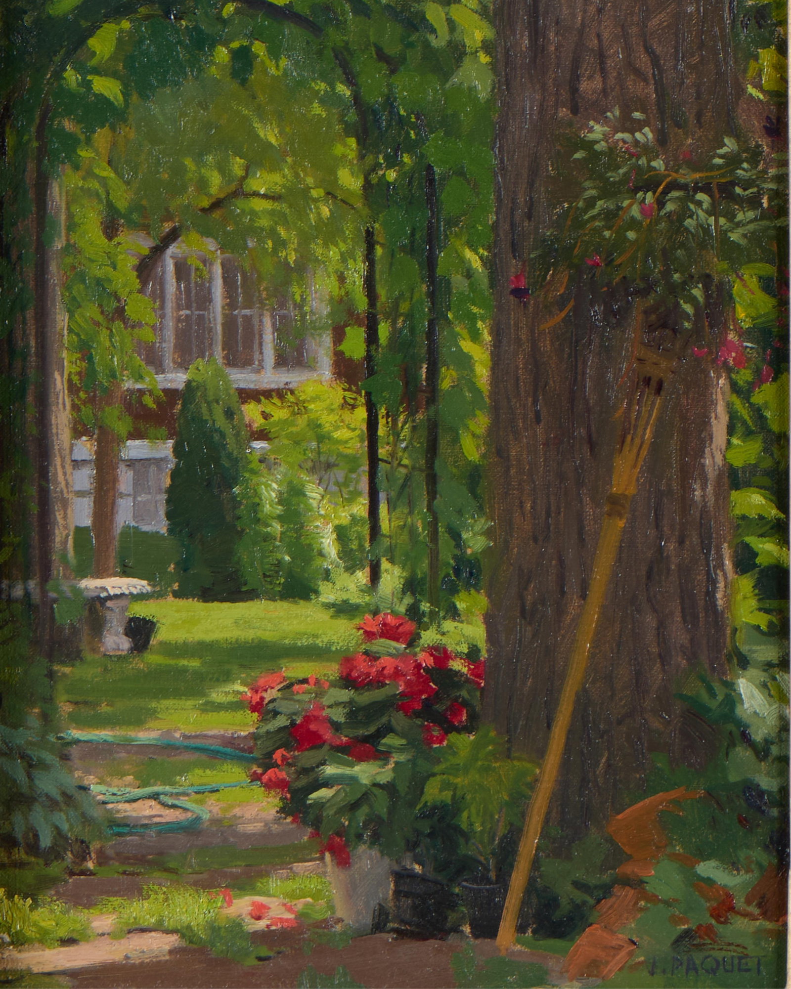 Joseph Paquet "Terry's Pride" Oil Painting: Joseph Paquet (American, b. 1962). Oil on canvas plein air painting titled "Terry's Pride," depicting a lush backyard area with greenery and flowers in bloom. Signed along the lower right. Titled alon