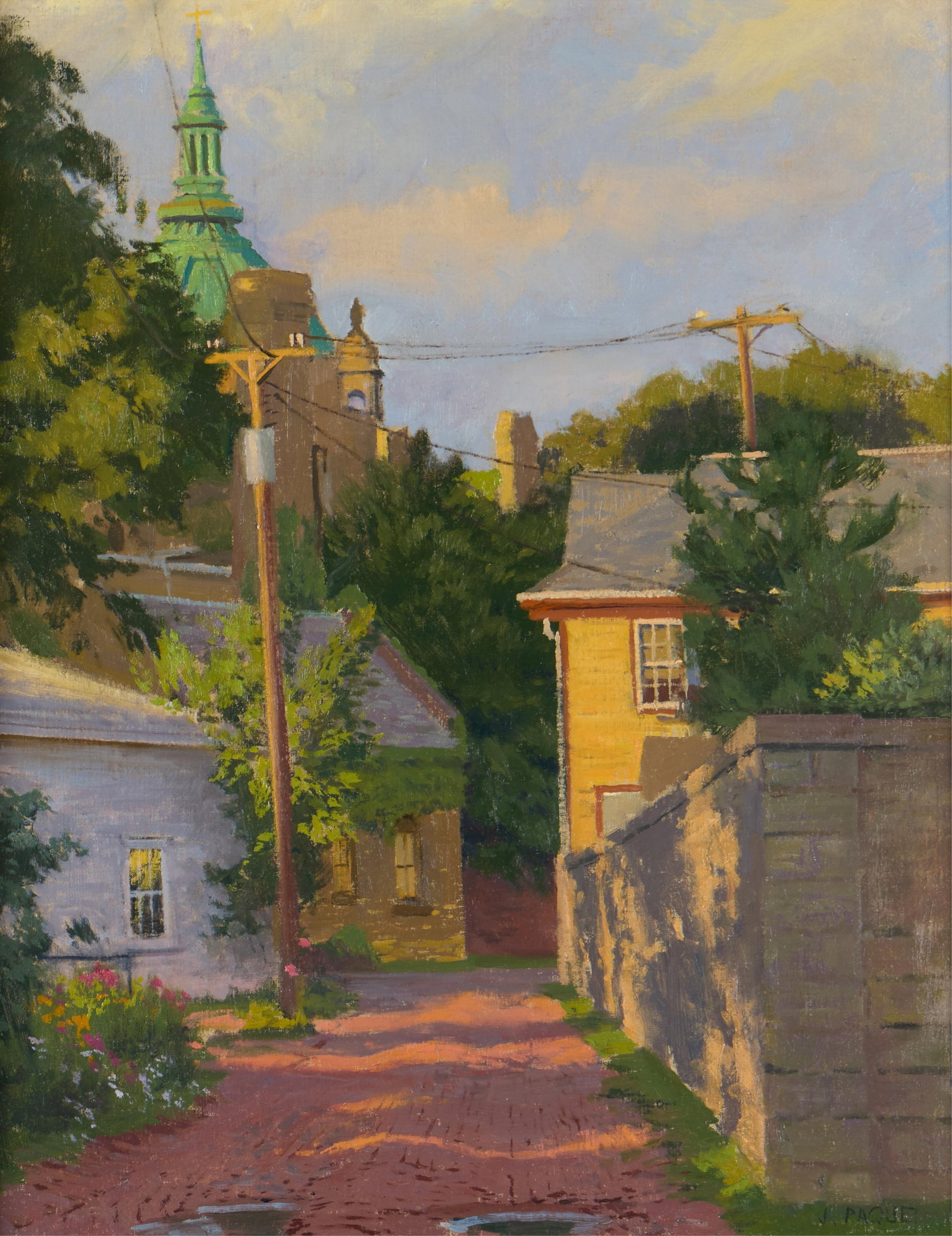 Joseph Paquet Impressionist Plein Air Painting: Joseph Paquet (American, b. 1962). Oil on canvas plein air American Impressionist painting depicting an alley flanked by homes, the finial of a cathedral visible along the left. Signed along the lower