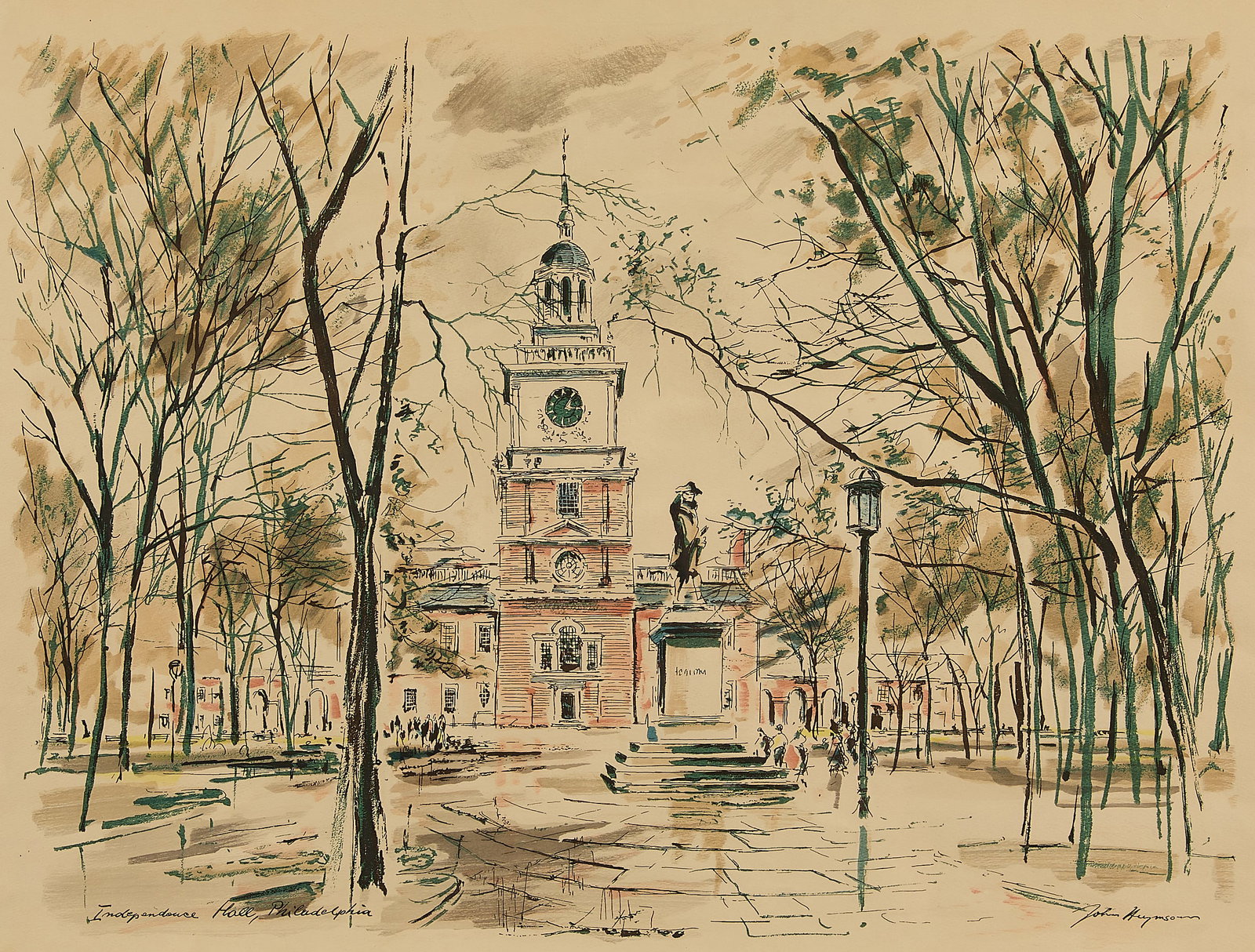 John Haymson "Independence Hall" Painting: John Haymson (Austrian, 1902-1980). Watercolor painting on paper titled "Independence Hall, Philadelphia." Depicting the titular structure in the Pennsylvanian city of brotherly love. Signed along the