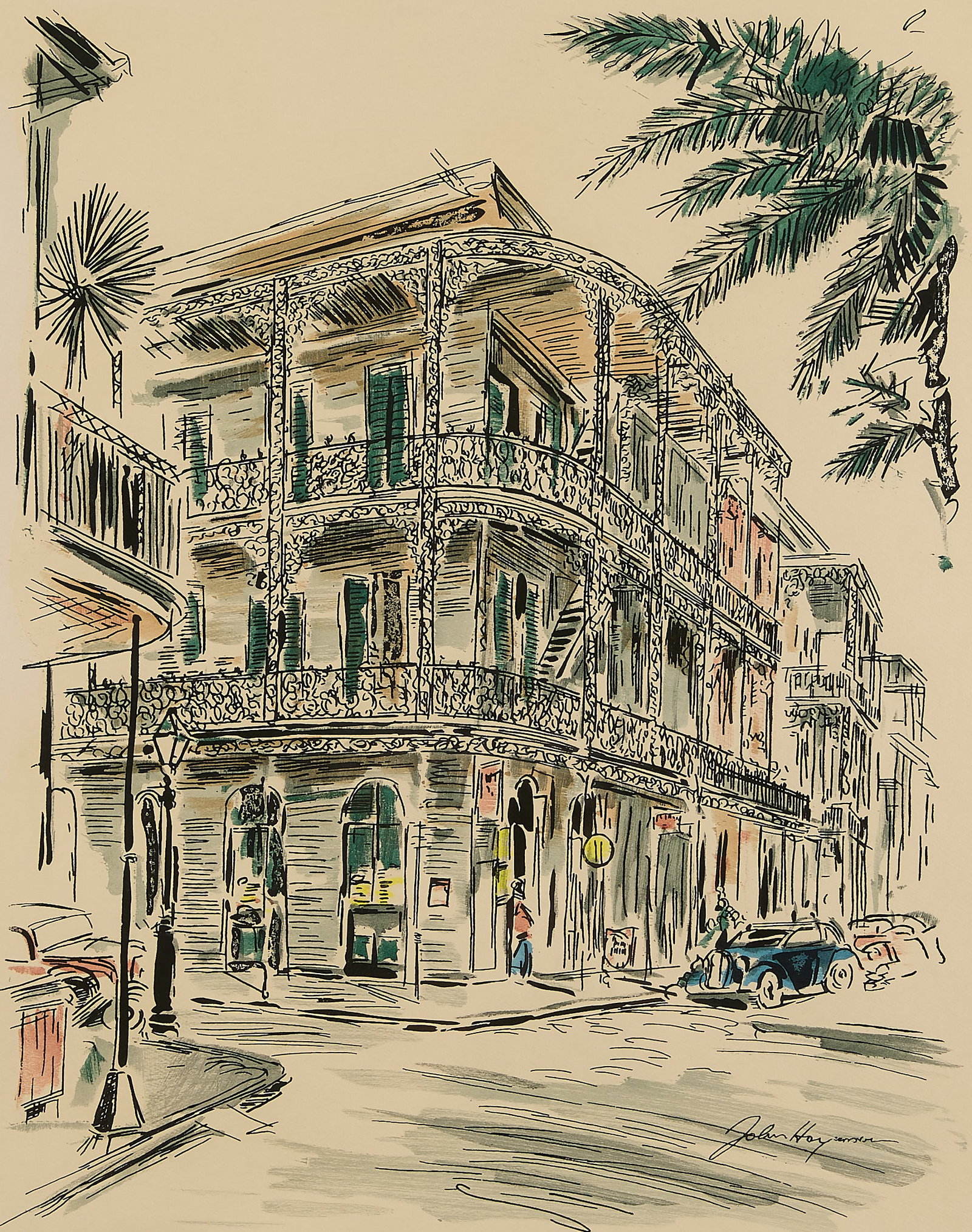 John Haymson "Lace Balconies" Watercolor Painting: John Haymson (Austrian, 1902-1980). Watercolor painting on paper titled "Lace Balconies, New Orleans." Depicting the intricate, latticework railings iconic to New Orleans' French Quarter. Signed along