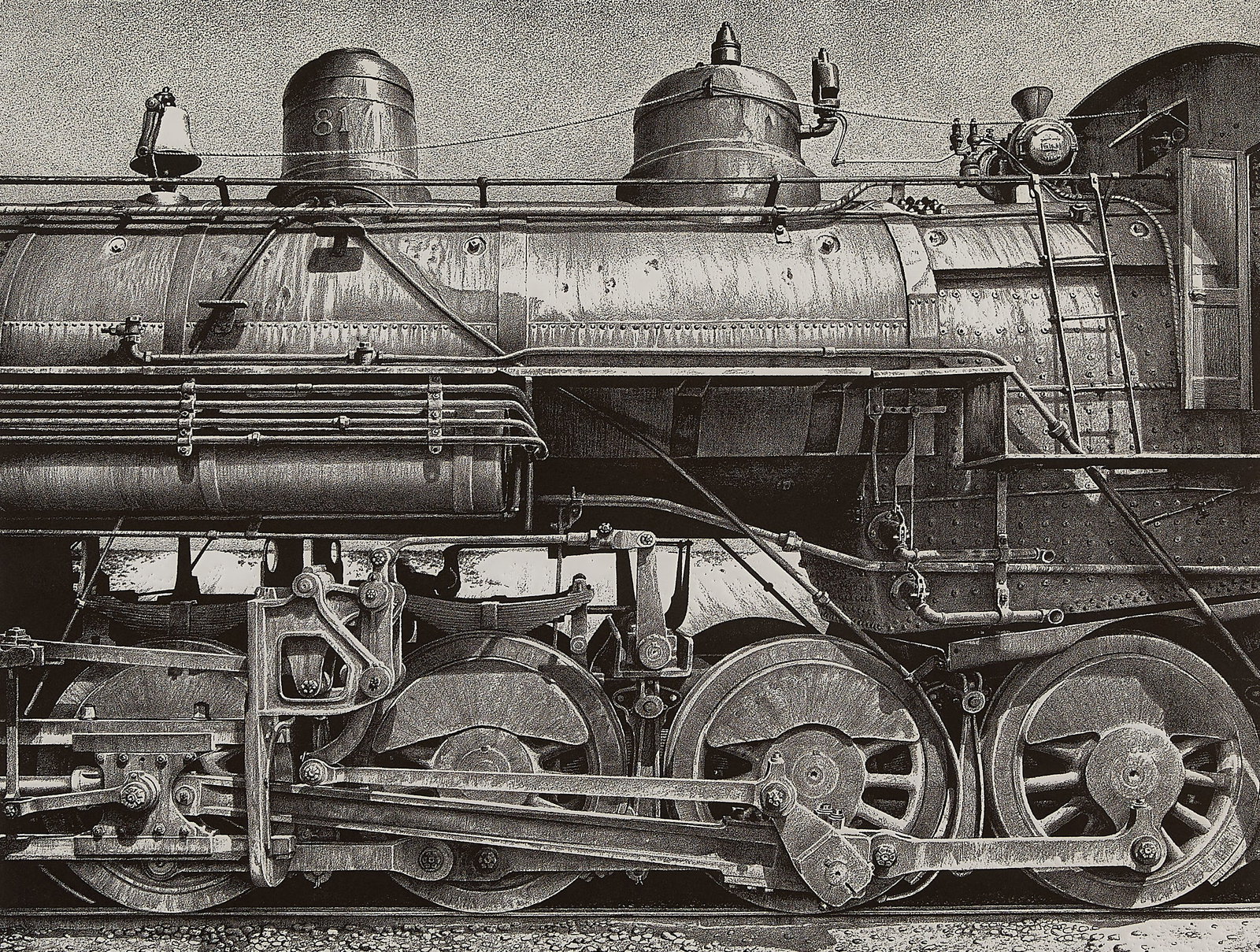 Malcolm Childers "Nevada Northern" Etching 1980: Malcolm Graeme Childers (American, b. 1945). Relief etching on paper titled "Nevada Northern Freight #81," 1980. Depicting a powerful freight train engine. Pencil signed, titled, dated, and editioned 