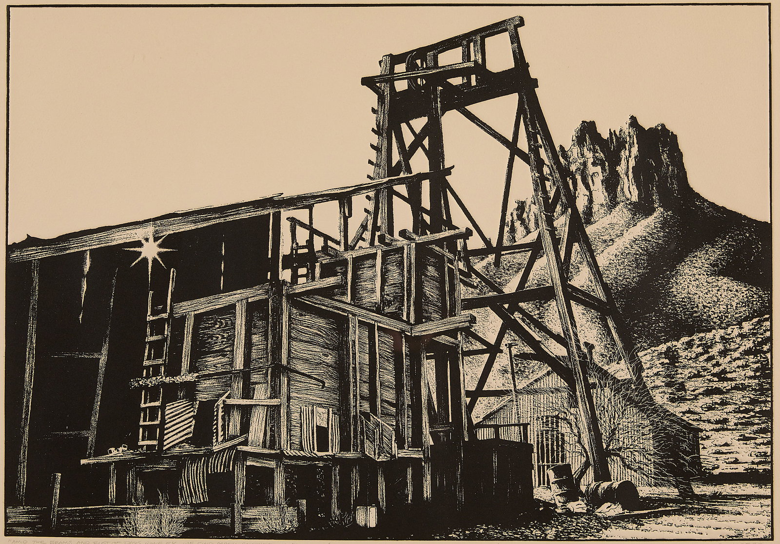 Malcolm Childers "Amid the Beams & Rust" Engraving: Malcolm Graeme Childers (American, b. 1945). Relief engraving on paper titled "Amid the beams and rust of days gone by. We find many another man's sunrise," 1977. Pencil signed, titled, dated, and edi