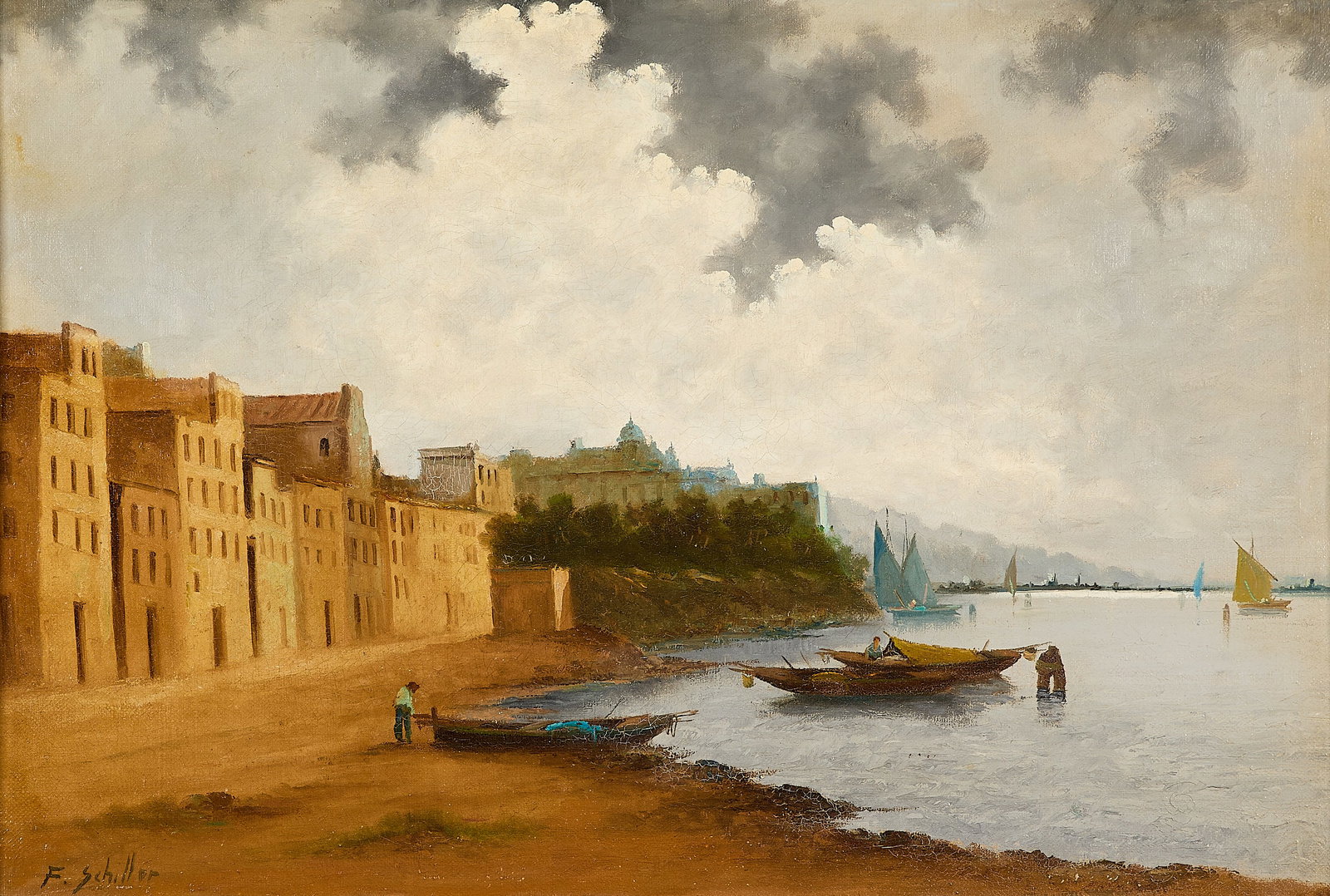 Frits Schiller European Harbor Painting: Frits Schiller (Dutch, 1866-1971). Oil on canvas painting in the impressionistic style depicting a lively coastal scene. Signed along the lower left corner. Unframed; height: 24 1/2 in x width: 36 in.