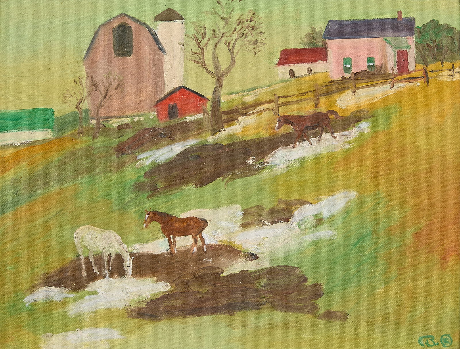 Cameron Booth "Patches of Snow" Oil Painting 1978: Cameron Booth (American, 1892-1980). Oil on canvas-laid board painting titled "Patches of Snow," 1978. Depicting horses grazing on a grassy area with a few persistent piles of snow. Initialed along th