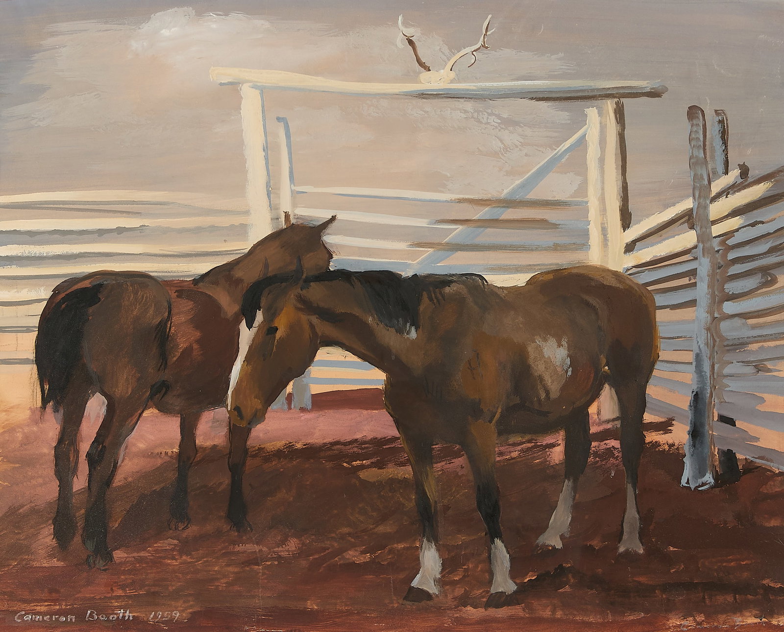 Cameron Booth "Two Horses in Corral" Painting 1959: Cameron Booth (American, 1892-1980). Oil painting titled "Two Horses in Corral," 1959. Depicting a pair of horses inside a wooden gated pen. Signed and dated along the lower left corner; further signe