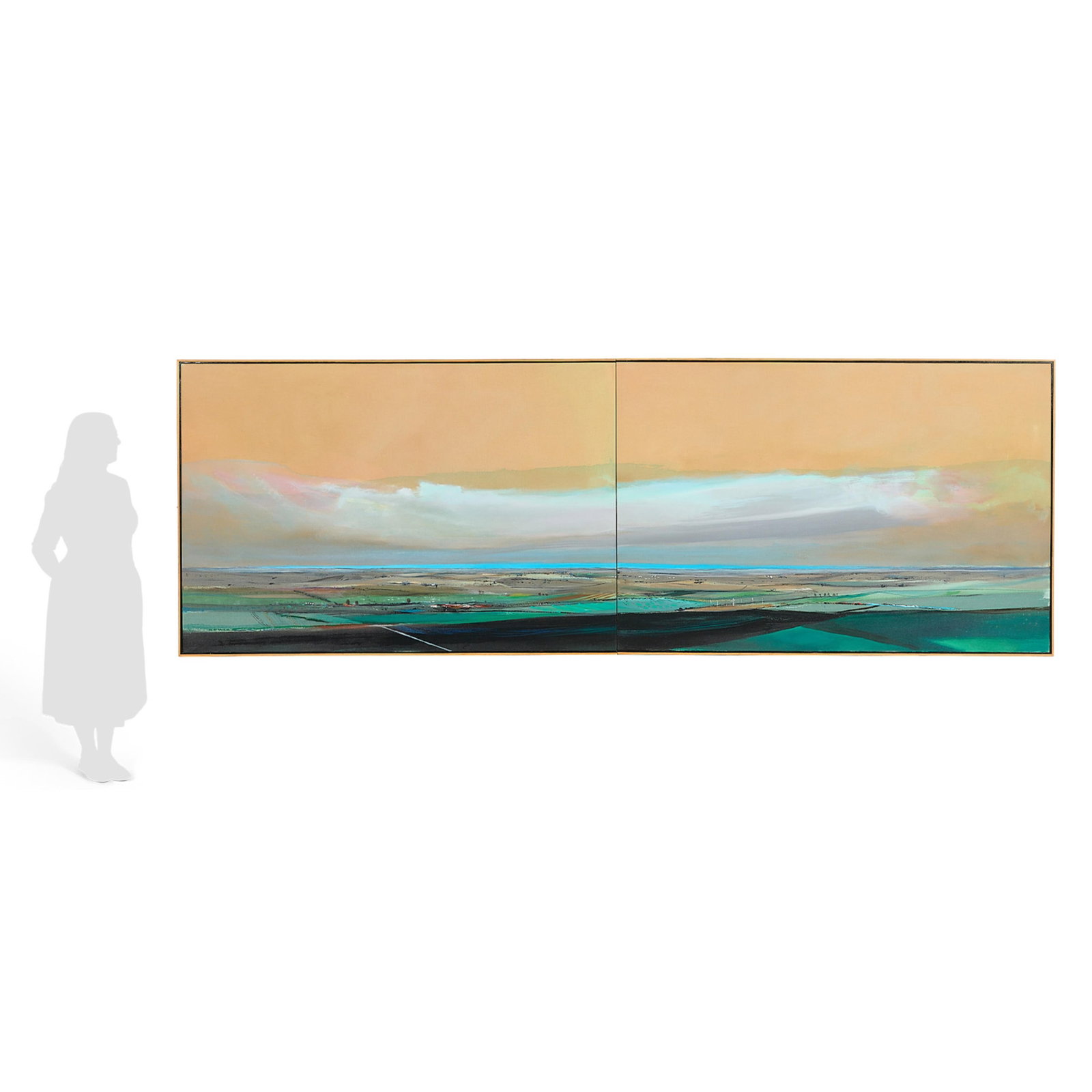 Tom Seghi "October Series" Acrylic Diptych 1987: Tom Seghi (American, 1941-2011). Large acrylic on canvas diptych paintings titled "October Series," 1987. Depicting a vast agricultural landscape scene. Both signed, titled, and dated along the verso 