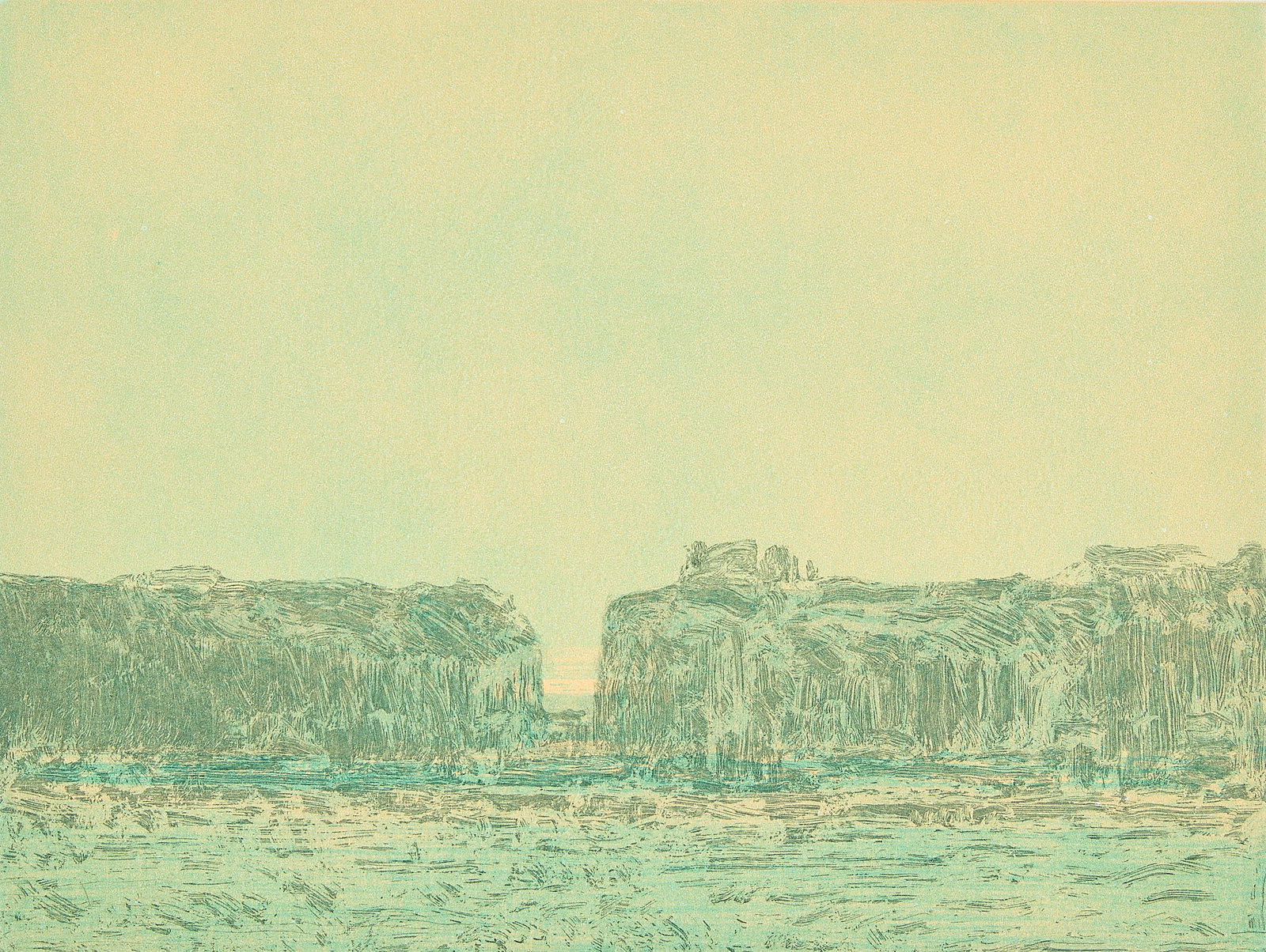 Russell Chatham "Sunset" Etching 1984: Russell Chatham (American, 1939-2019). Etching on paper titled "Sunset," 1984. Depicting a verdant landscape at dusk. Pencil signed, titled, and dated along the lower margin; editioned "H/C." Provenan