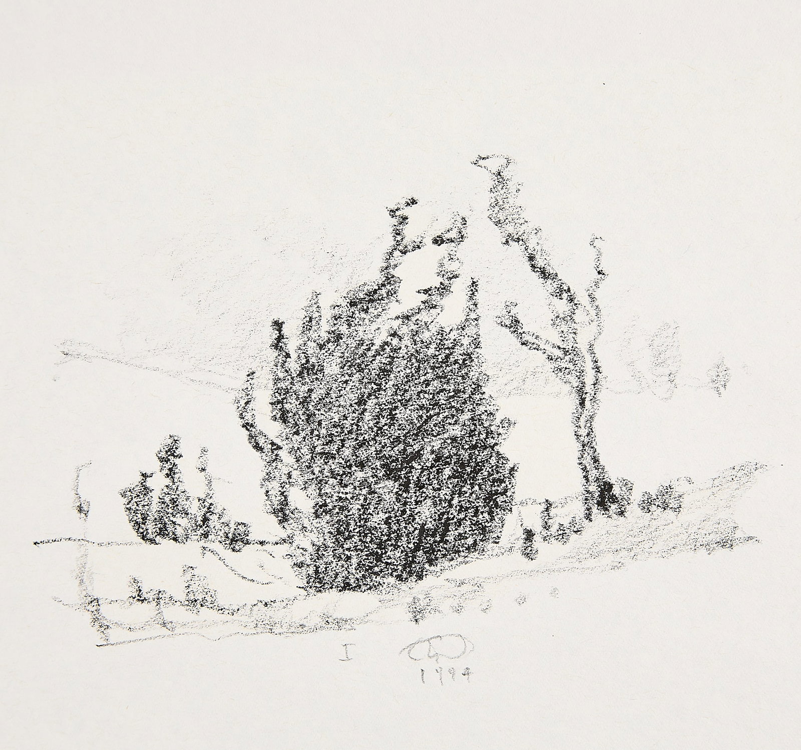 Russell Chatham Landscape Drawing 1994: Russell Chatham (American, 1939-2019). Charcoal or graphite on paper drawing depicting a minimalist black and white landscape, 1994. Featuring a central, densely textured bush flanked by a sparse tree