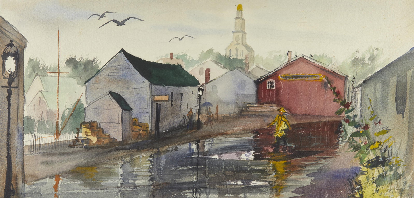C. Robert Perrin Double-Sided Watercolor Painting: Charles Robert Perrin (American, 1915-1999). Double-sided watercolor on paper painting. One side depicting a lone seagull on a post in a harbor. The other side depicting a street scene with a figure w
